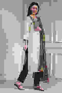 White Cotton Hand Block Print Unstitched Suit Set image number 6