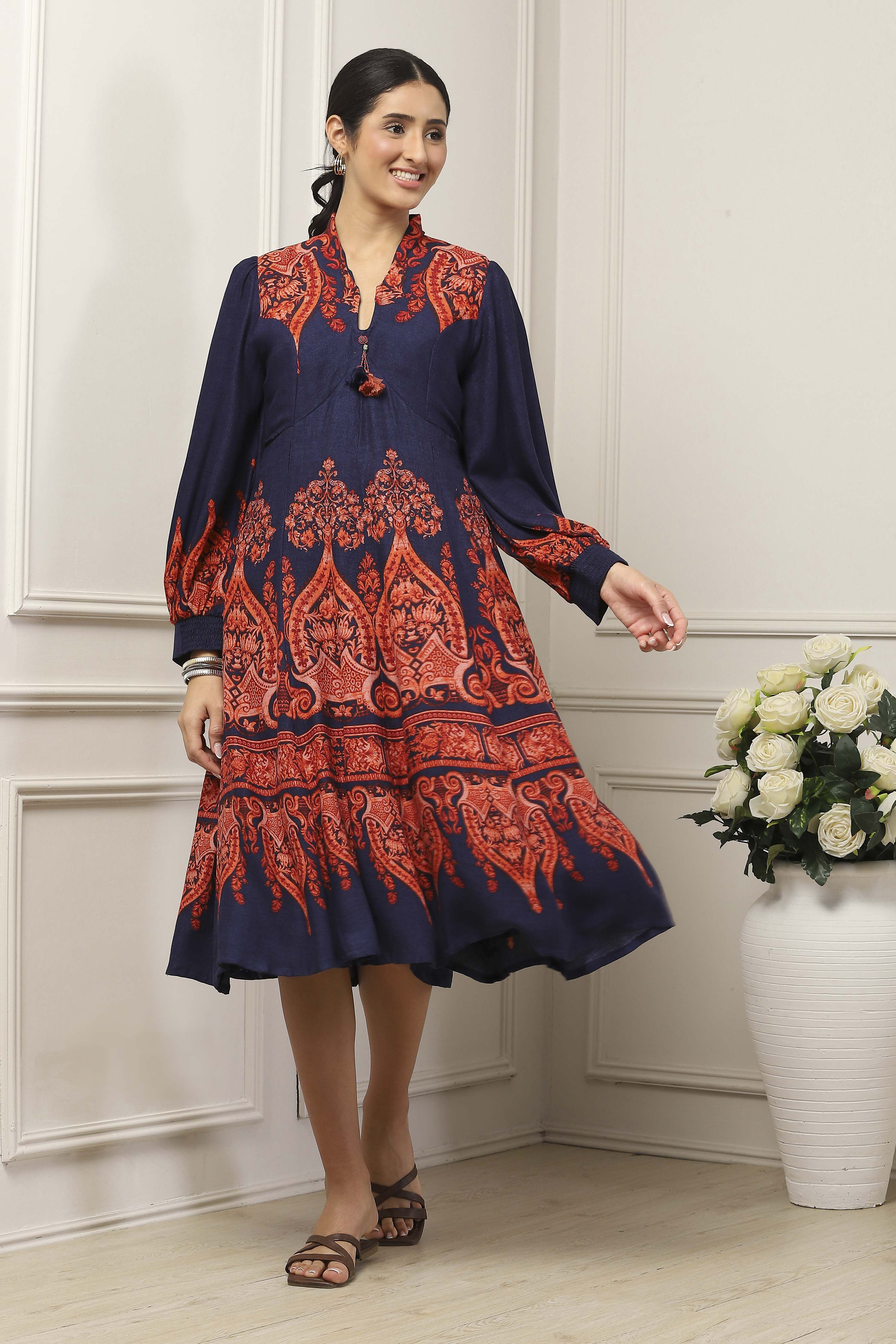 Navy Viscose Rayon Anarkali Printed DressNavy Viscose Rayon Anarkali Printed Dress-image-15