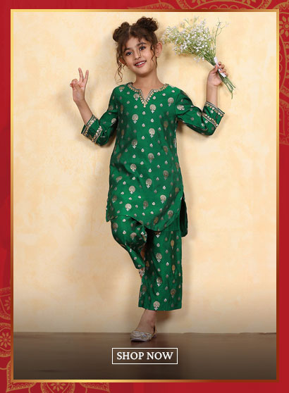 Green Polyester Yarndyed Fitted Kurta Pants Set