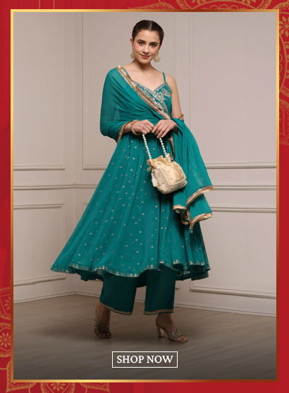 Emarlend Green Polyester Kalidar Printed Suit Set