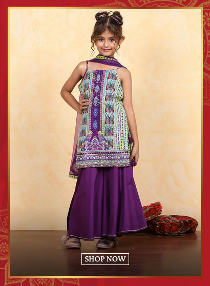 Purple Cotton Printed Straight Sharara Suit Set