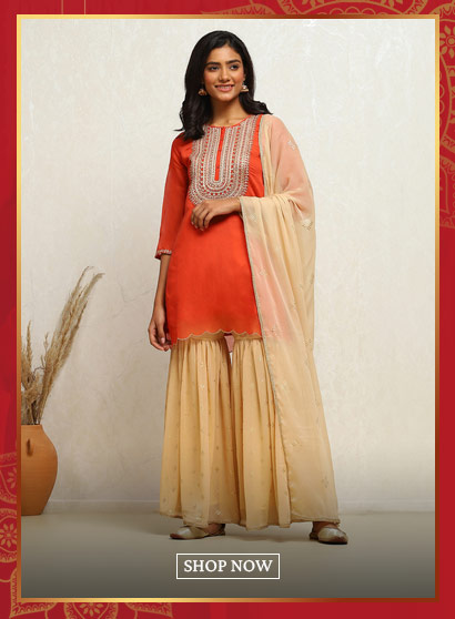 Orange Embroidered Festive Straight Suit Set