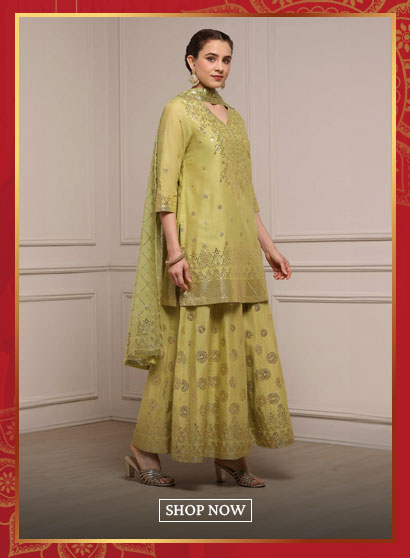 Green Cotton Printed Sharara Suit Set