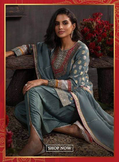 Earthy Blue Chanderi Jacquard Dori Embroidery Straight Suit Set
