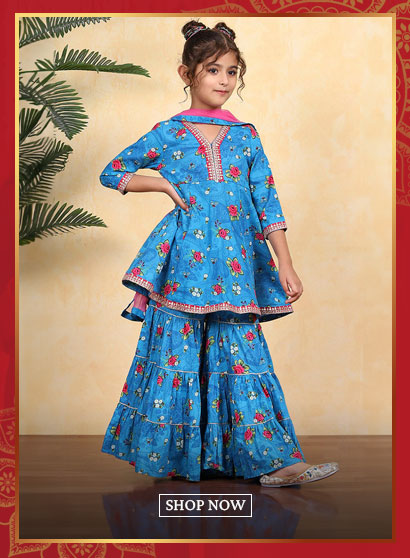 Blue Cotton Printed Flared Sharara Suit Set