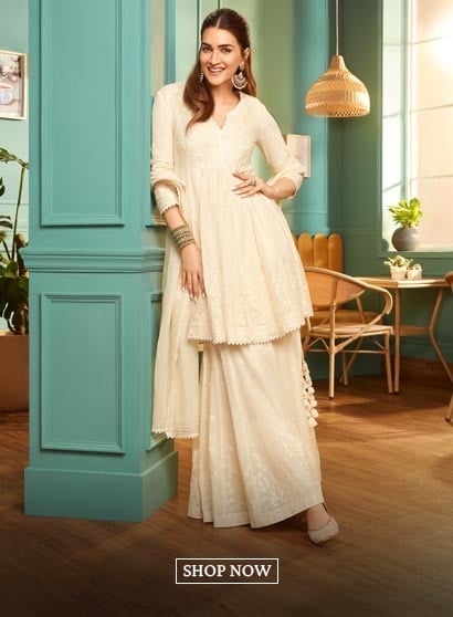 Off-White Cotton Embroidered Flared Suit Set