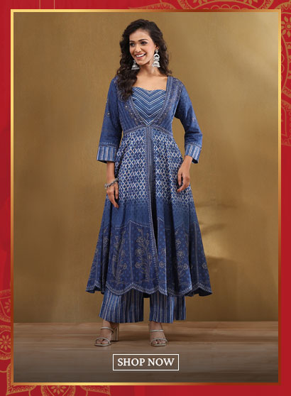 Indigo Modal Festive Anarkali Fusion Suit Set