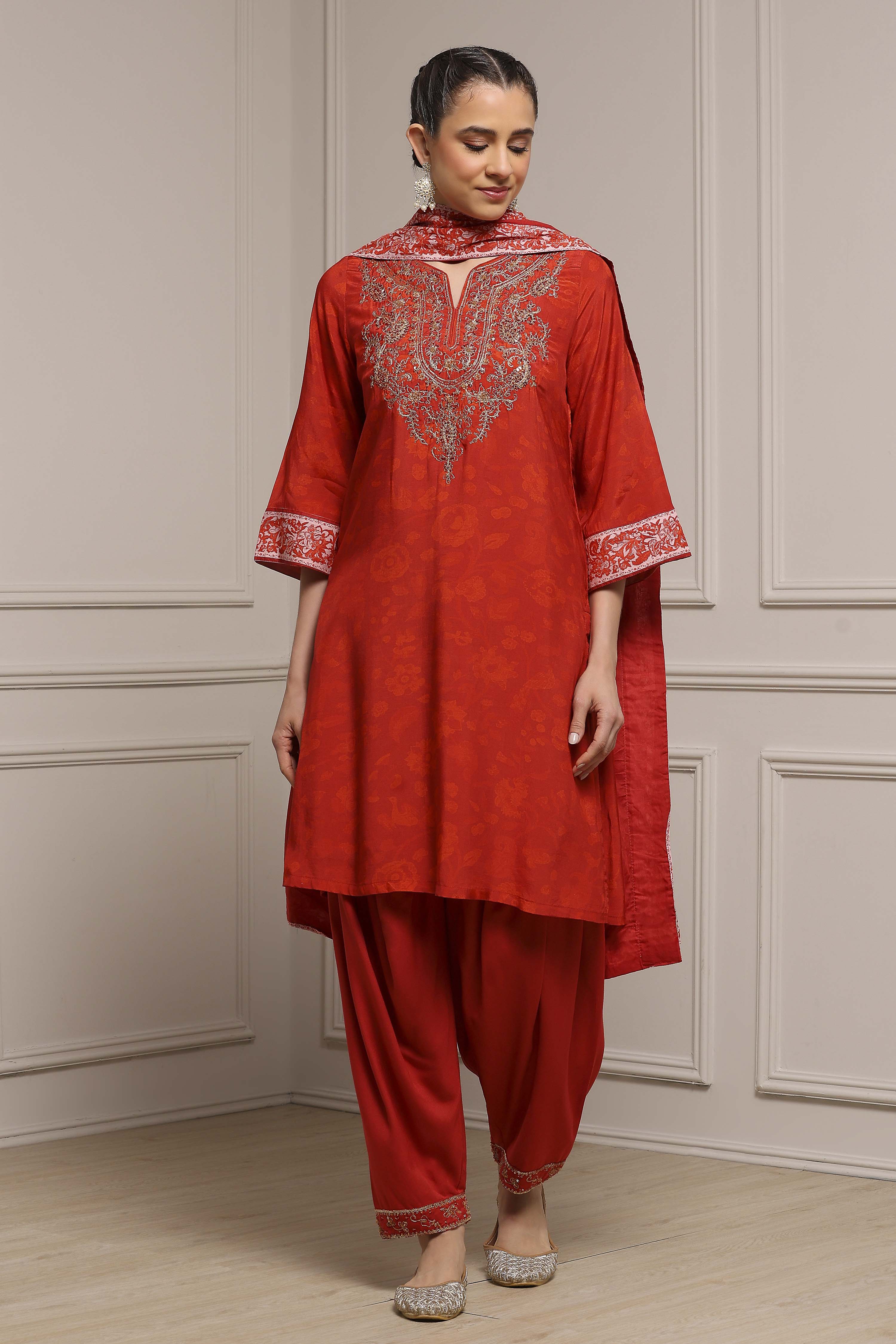 Burnt Orange Viscose Blend Straight Printed Suit Set image number 6