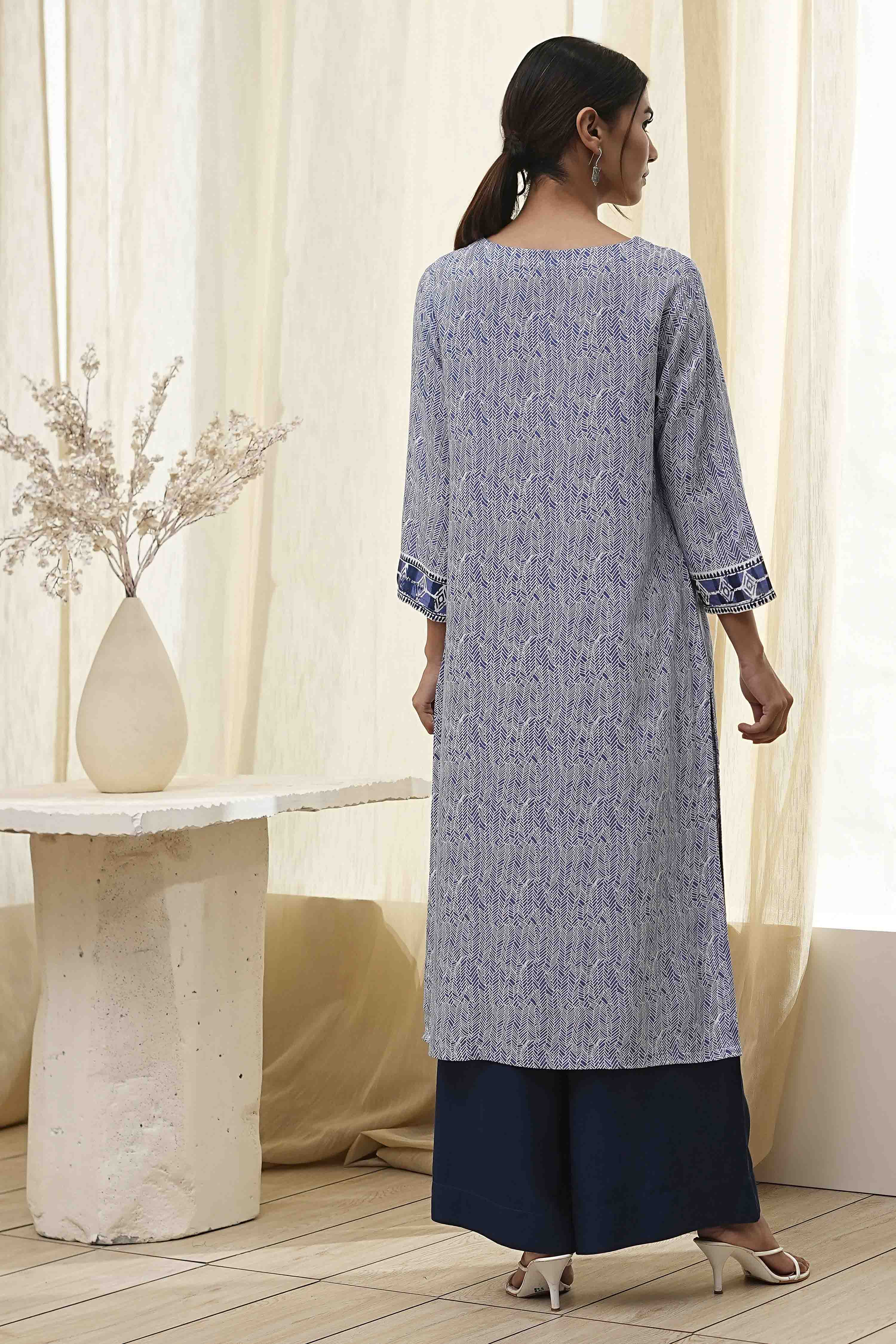 Beige Printed Straight Kurta image number 3