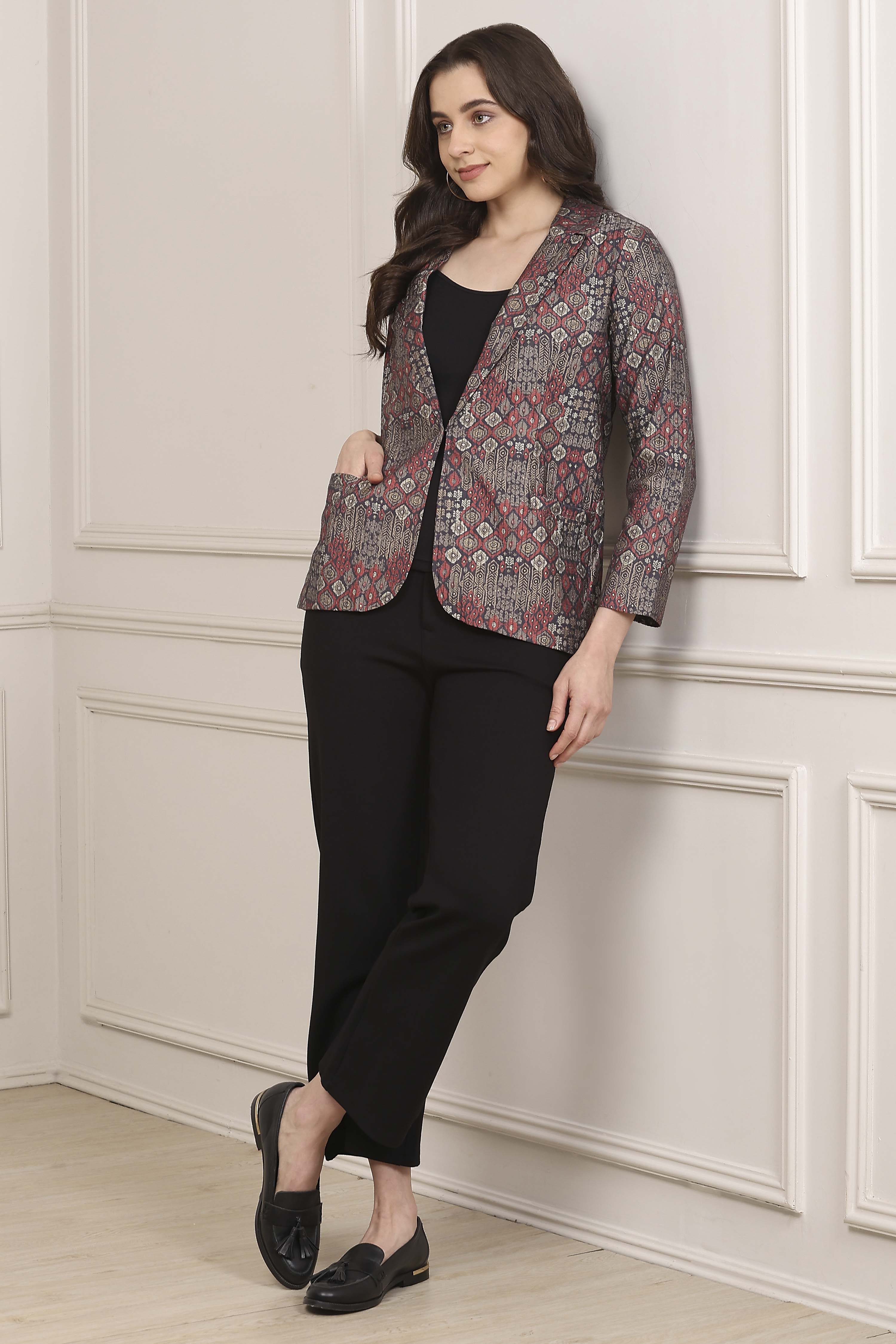 Grey Poly Viscose Straight Printed Jacket image number 0