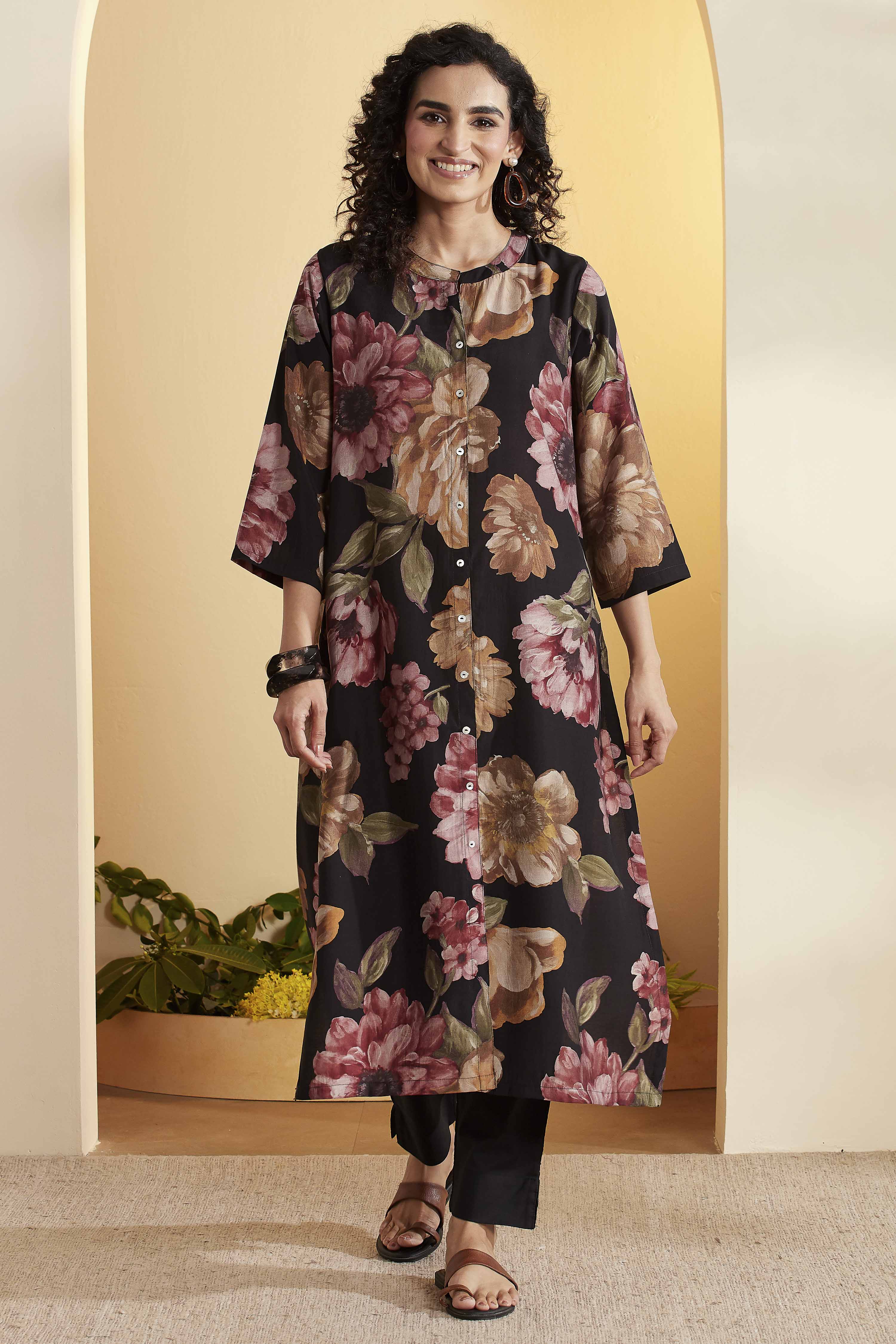 Grey Poly Viscose Floral  A-Line Kurta image number 5
