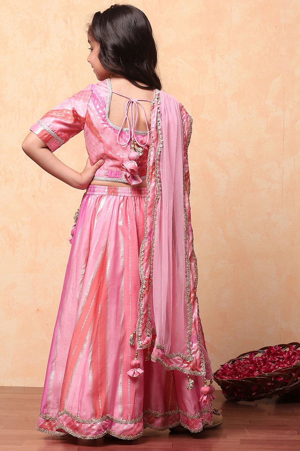 Pink Poly Chanderi Printed Flared Festive Lehenga Set image number 4