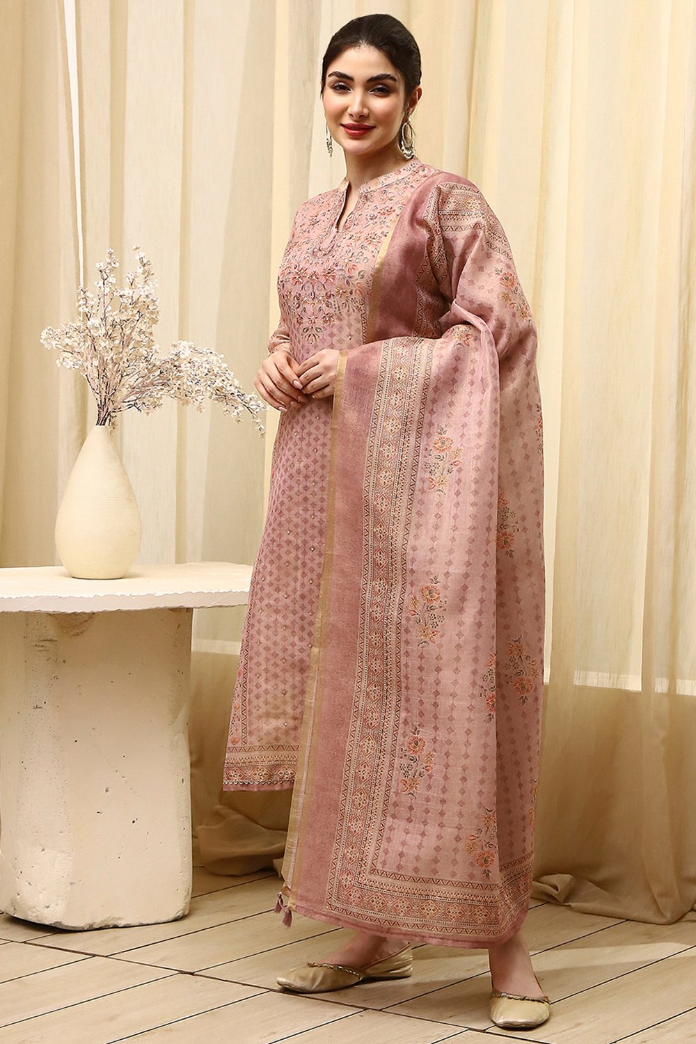Lavender Chanderi Printed Unstitched Suit Set image number 4