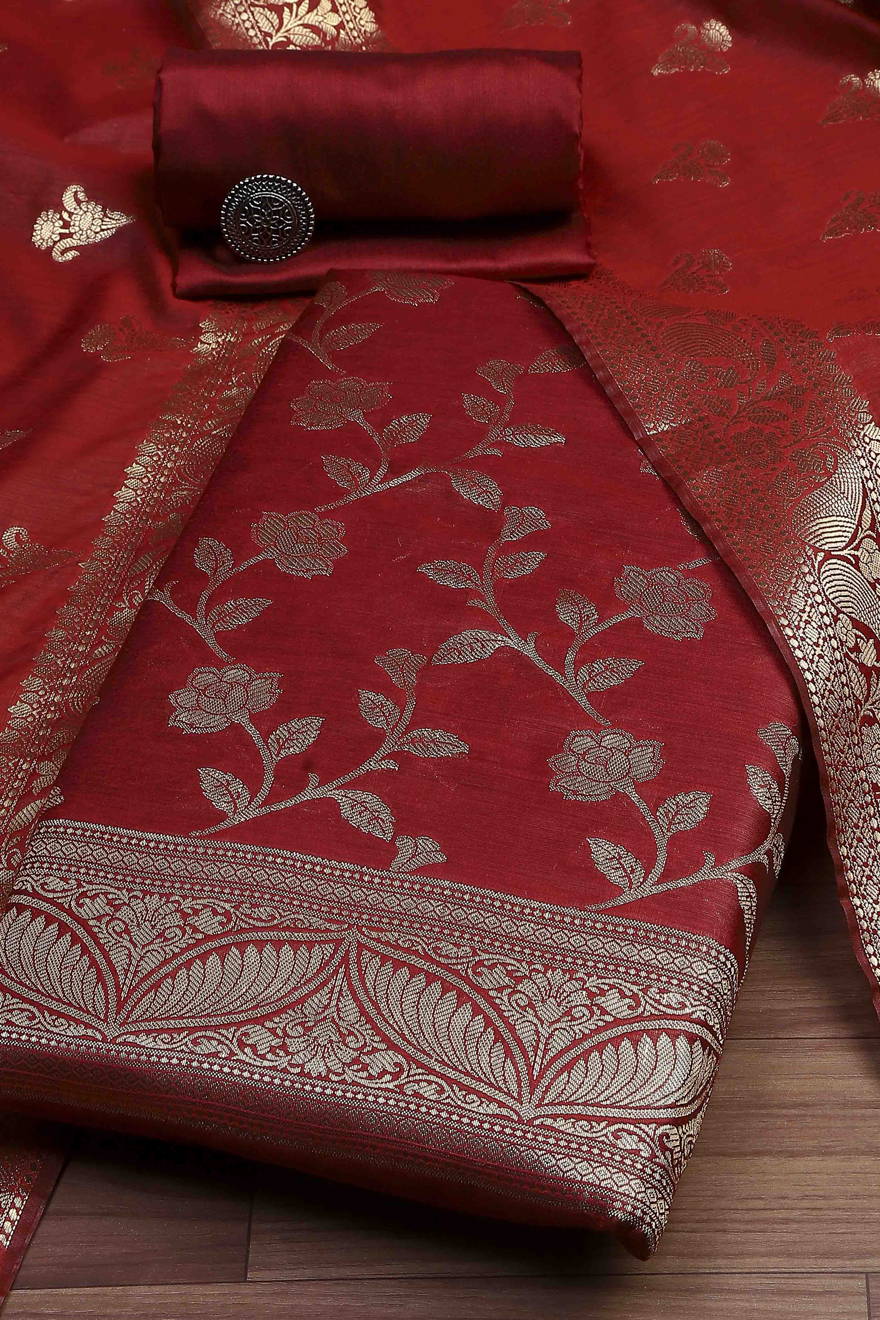 Maroon Cotton Printed Embroidered Unstitched Suit Set image number 0