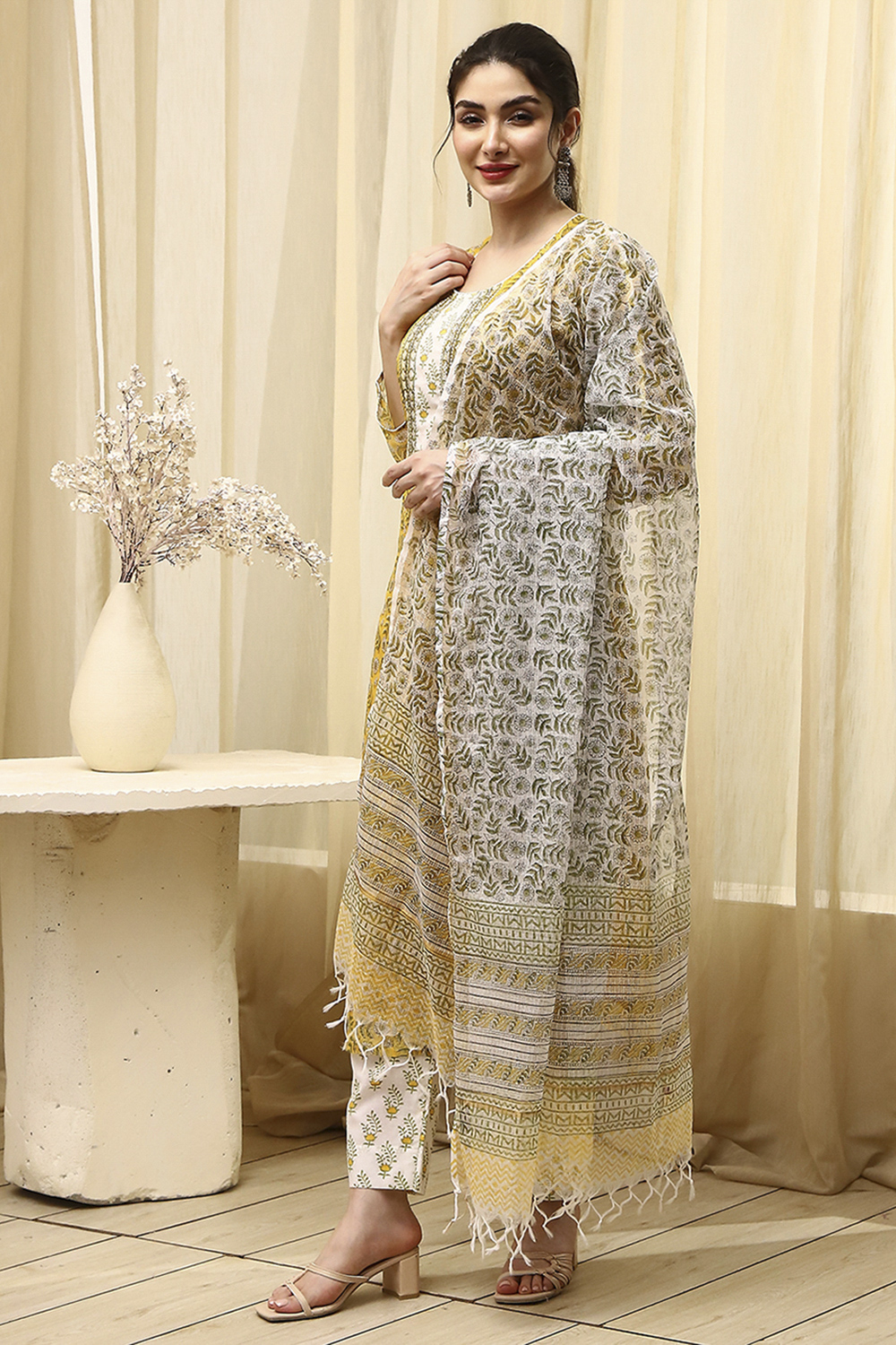 Coral Cotton Hand Block Print Unstitched Suit Set image number 5