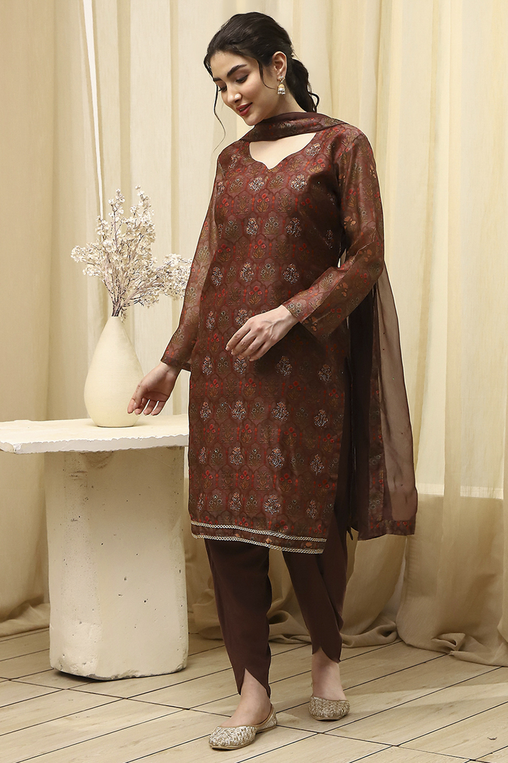 Brown Chanderi Printed Embroidered Unstitched Suit Set image number 1