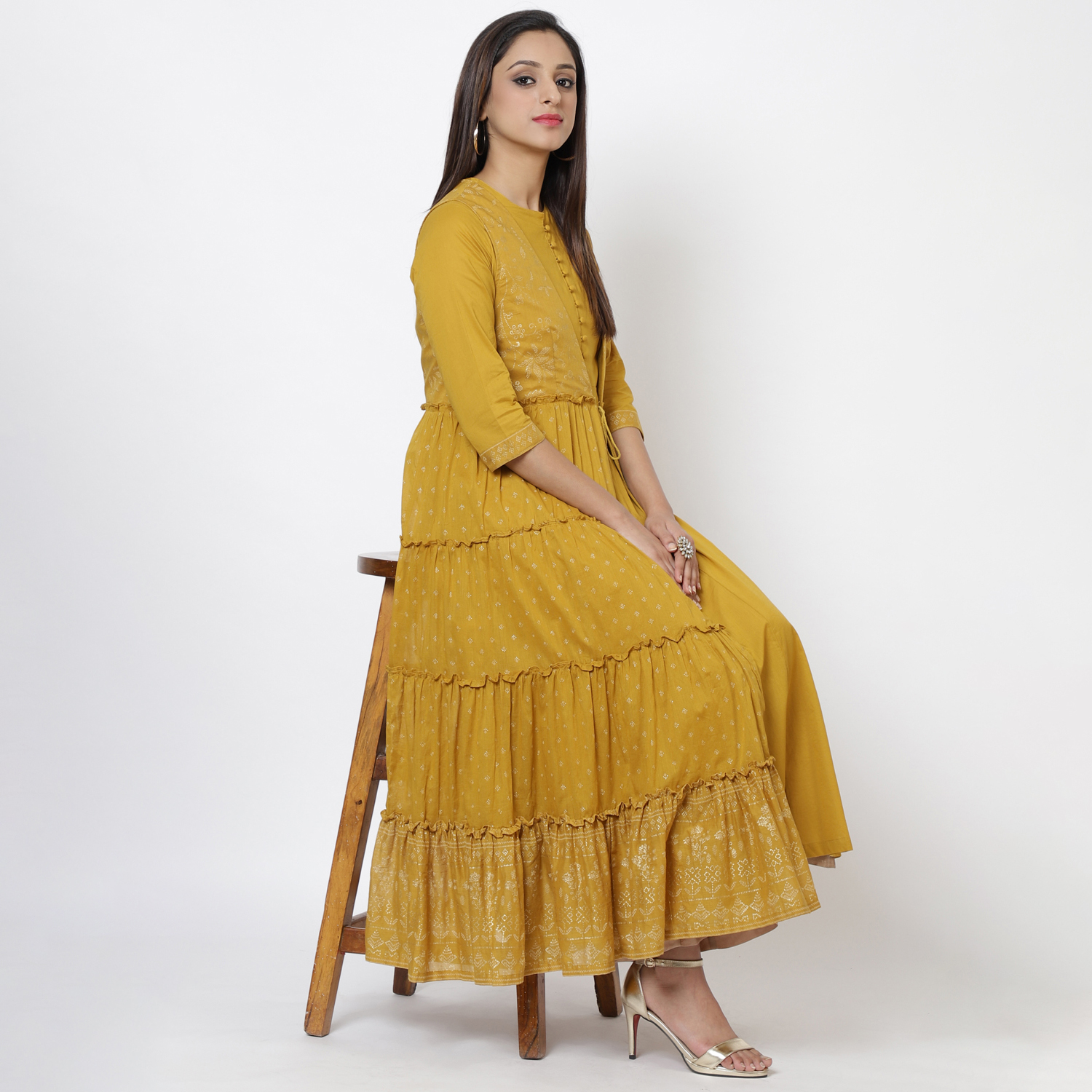 Rust Cotton Flared Printed Kurta image number 0