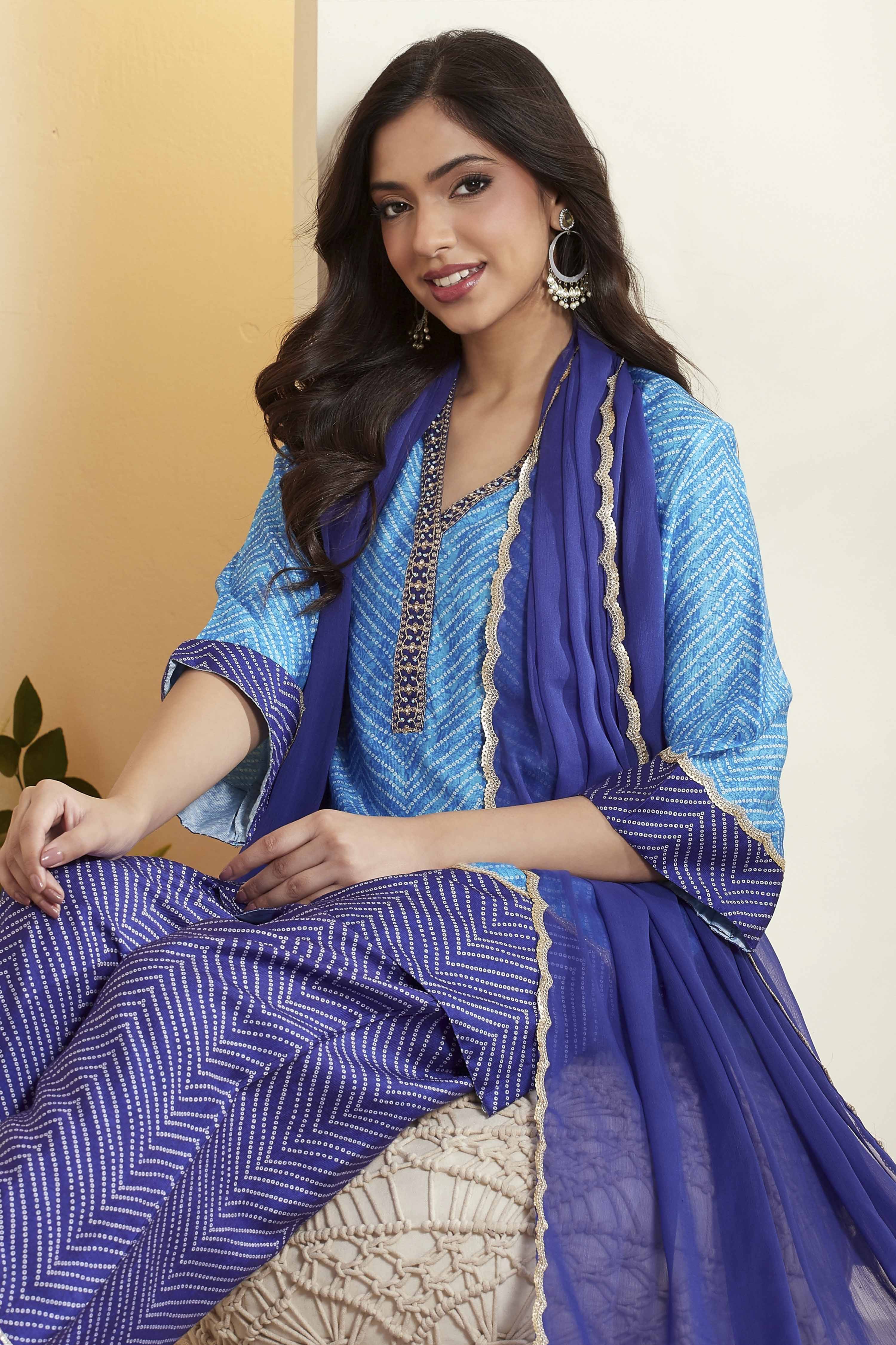 Blue Viscose Rayon Printed Suit Set image number 1