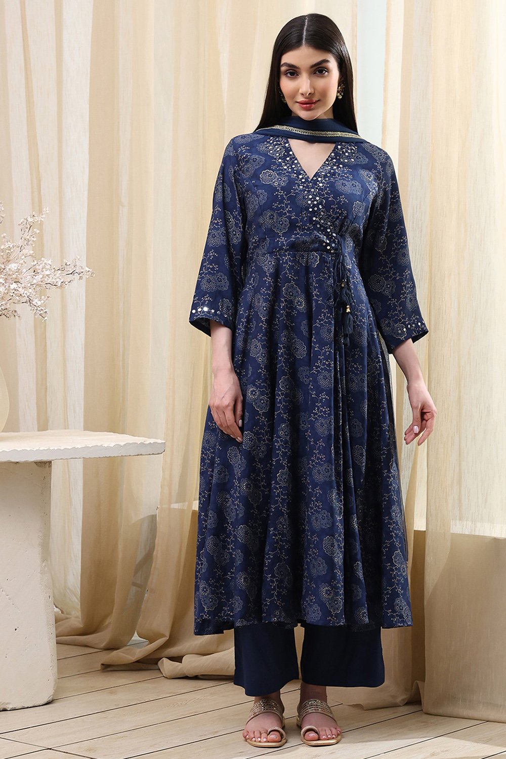 Navy Blue Printed Angrakha Style Anarkali Suit Set image number 6
