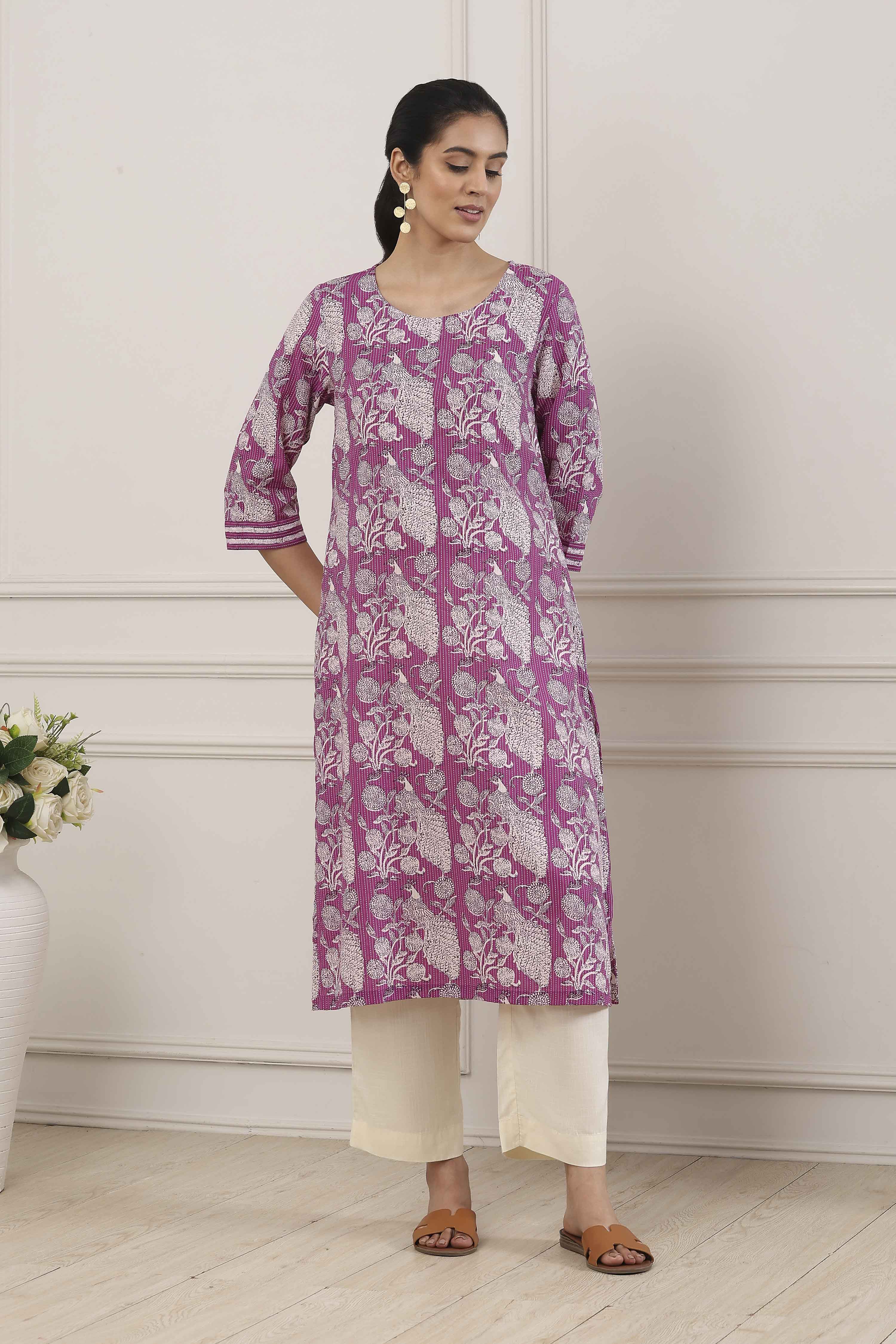 Purple Cotton Straight Kurta image number 5