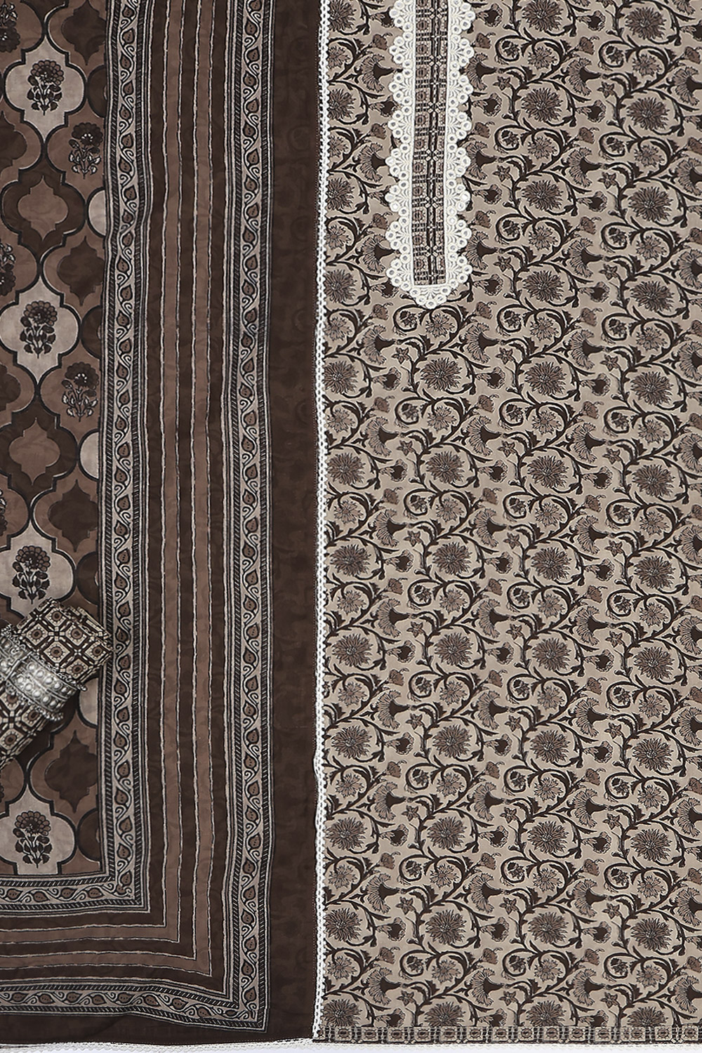 Indigo Cotton Screen Print Unstitched Suit Set image number 1