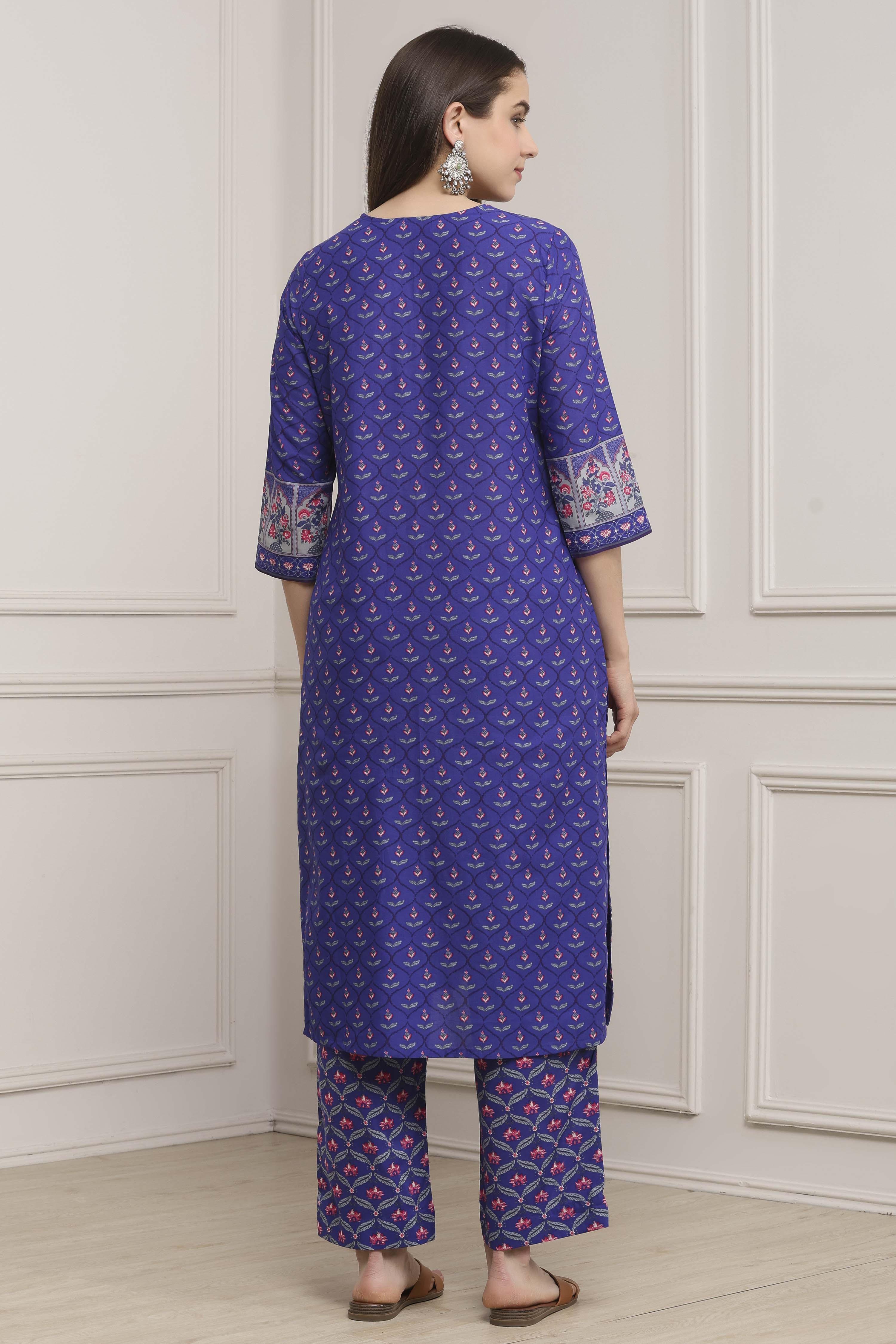 Blue Cotton Straight Suit Set image number 4