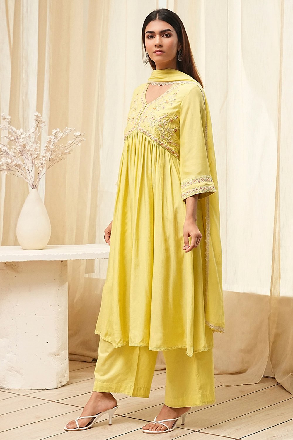 Lime Modal Blend Embroidered Gathered Suit Set image number 3