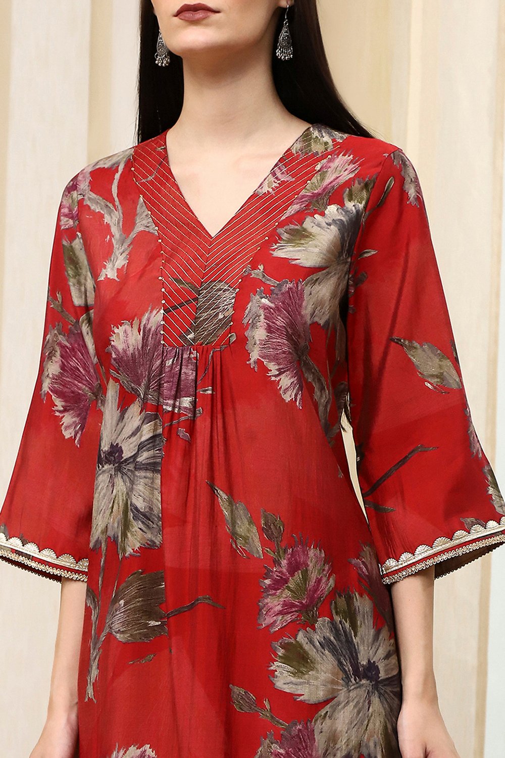 Coral Red Floral Printed Straight Kurta image number 1