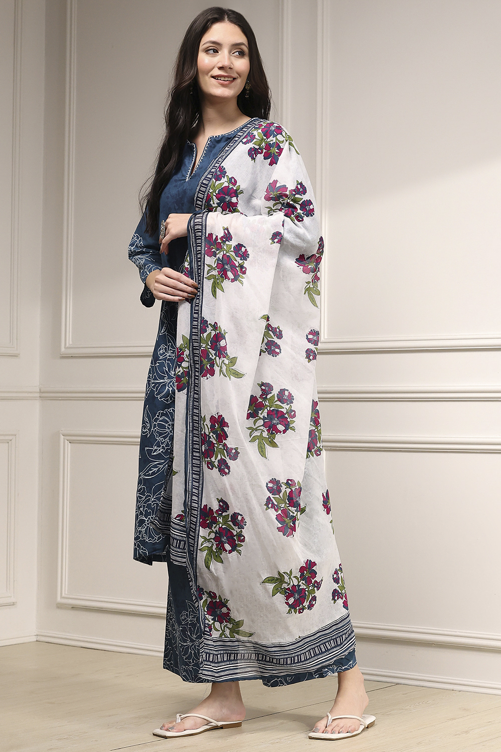 Teal Blue Cotton Printed Straight Suit Set image number 6