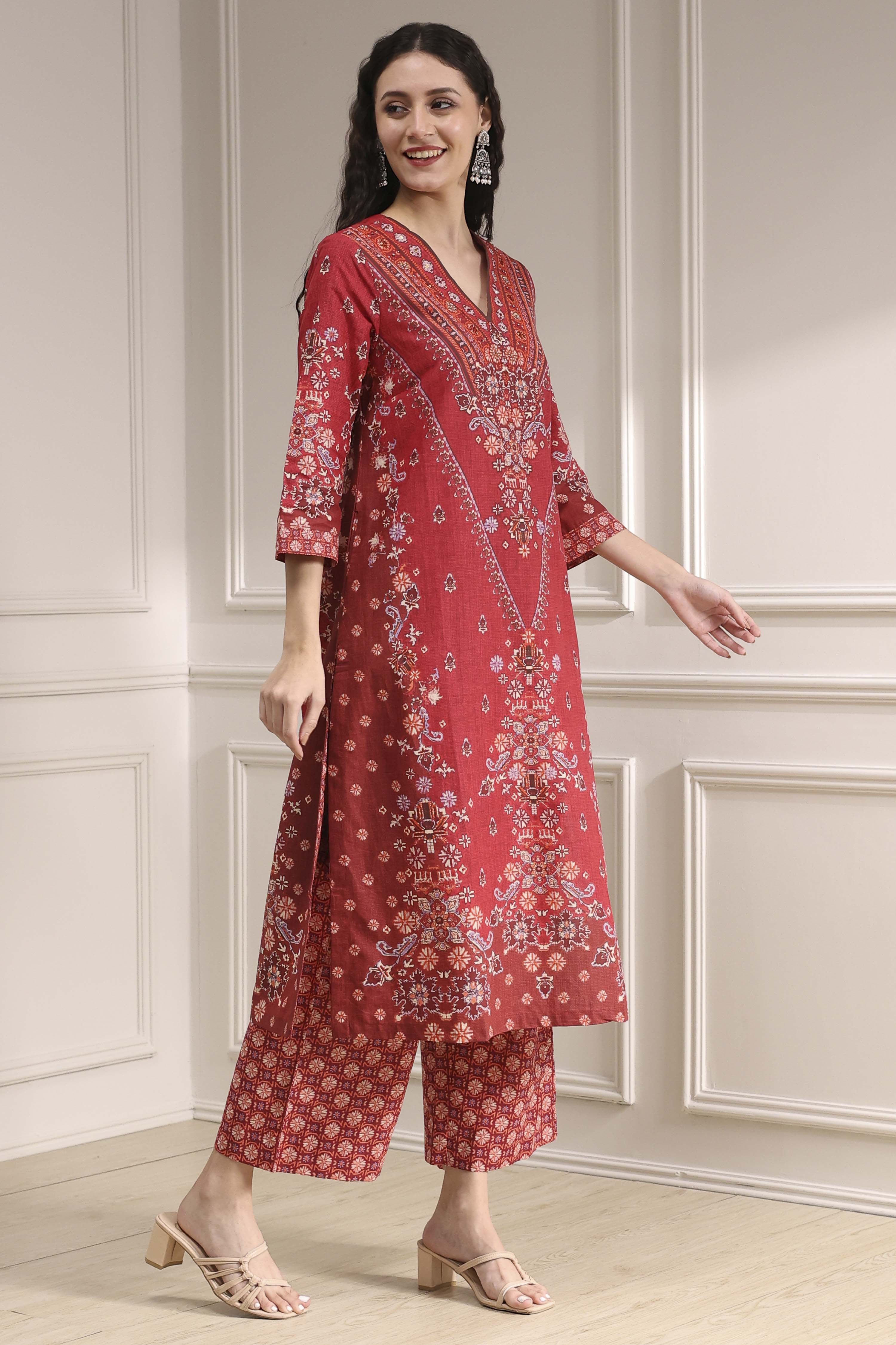 Blue Cotton Straight Printed Suit Set image number 5