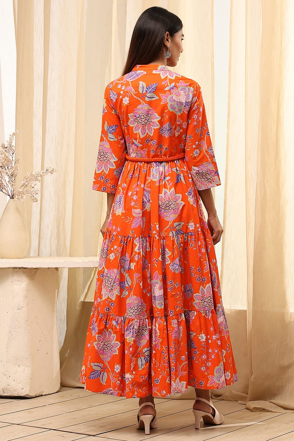 Earthy Blue Cotton Floral Tiered Dress image number 4