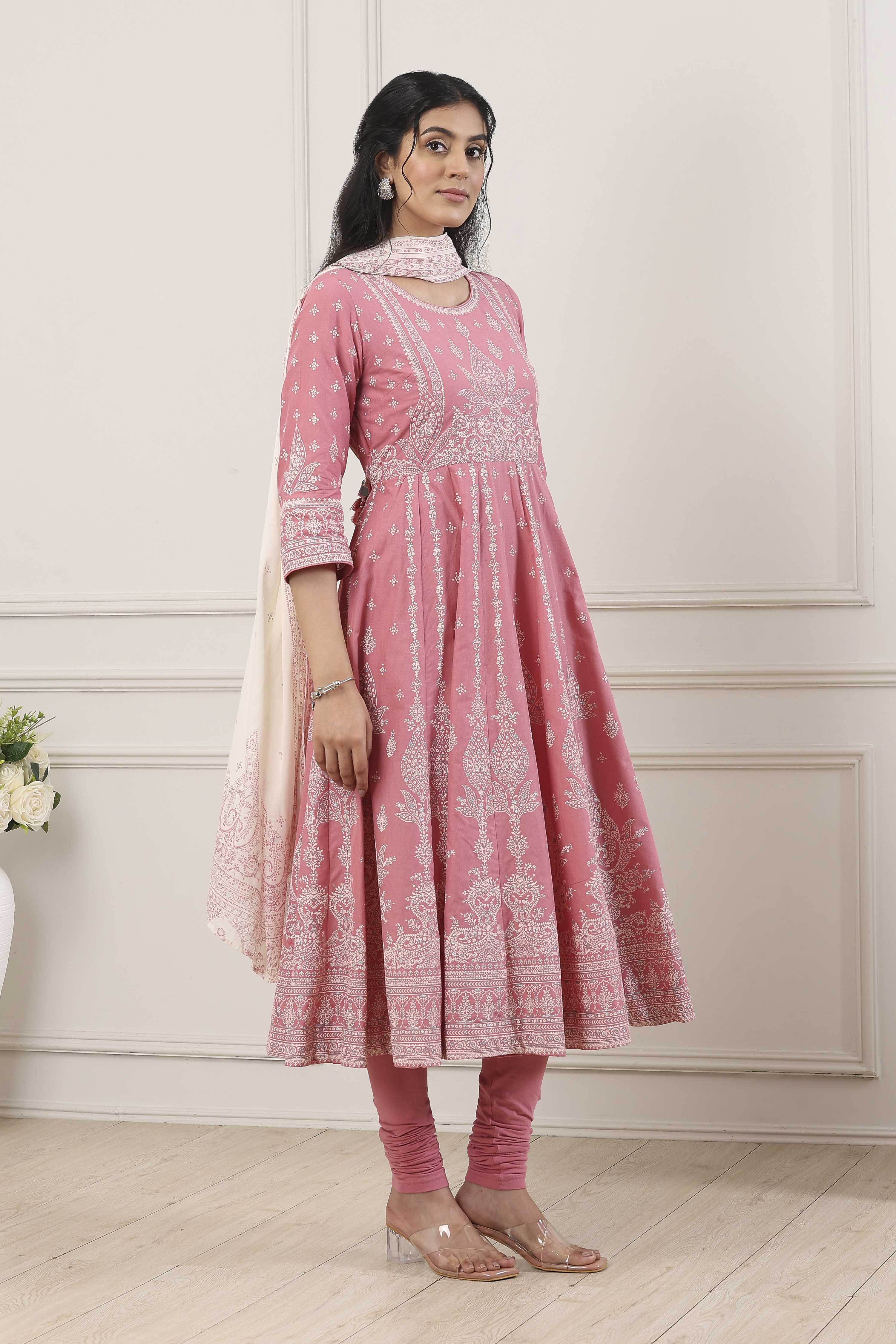 Pink Cotton Ethnic Motif Printed Anarkali Suit Set image number 5