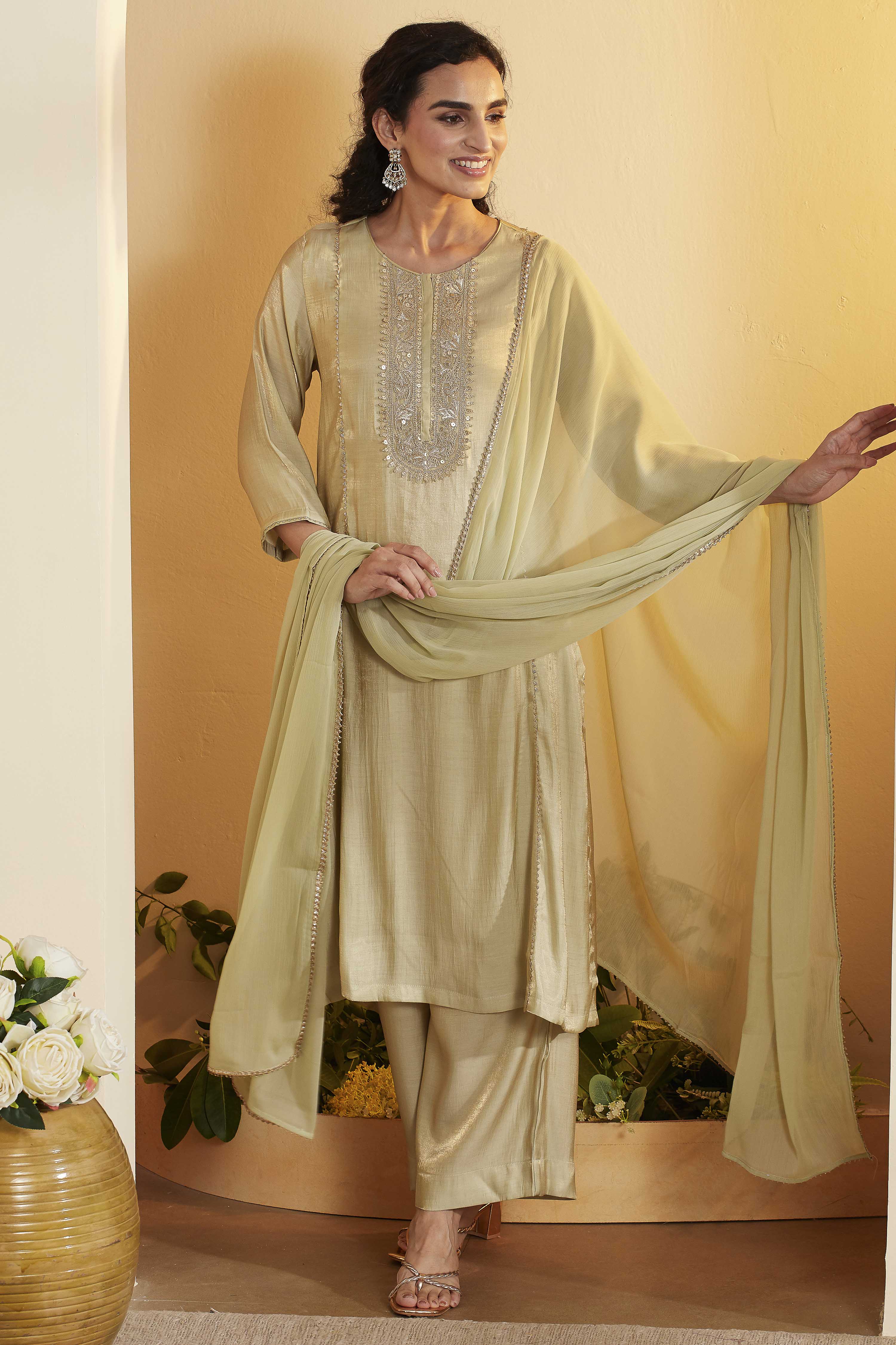 Pista Green Viscose Blend Yoke Design Straight Kurta Set image number 0