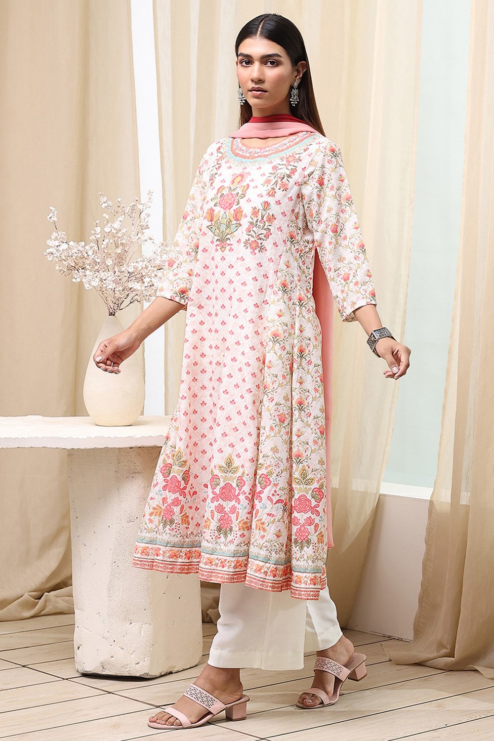 Off-White and Blue Cotton Floral Kalidar Suit Set image number 3