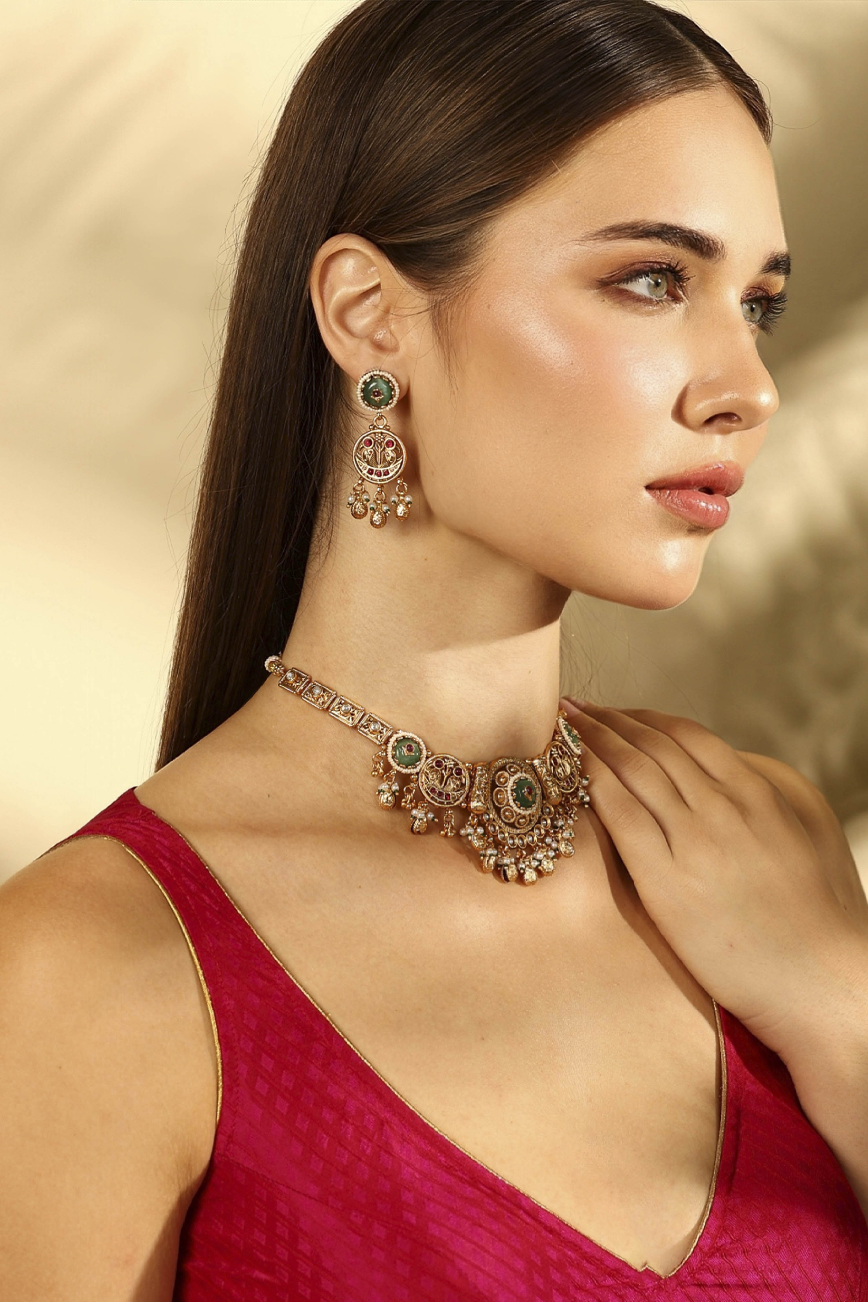 Mint Green Gold-Plated Brass Necklace Set image number 3