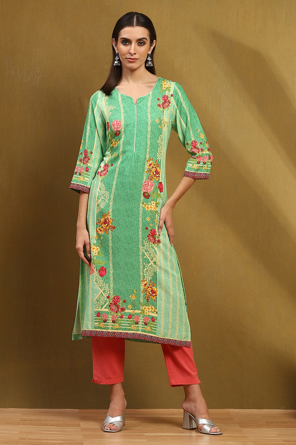 Grey Floral Block-Printed Regular Fit Straight Kurta image number 5