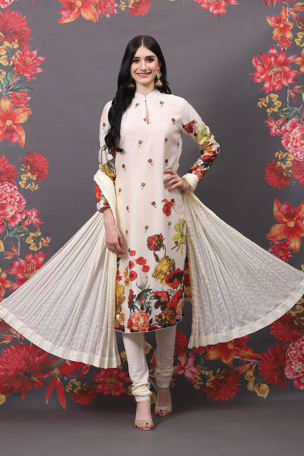 Off White Cotton Silk Straight Printed Suit Set image number 0