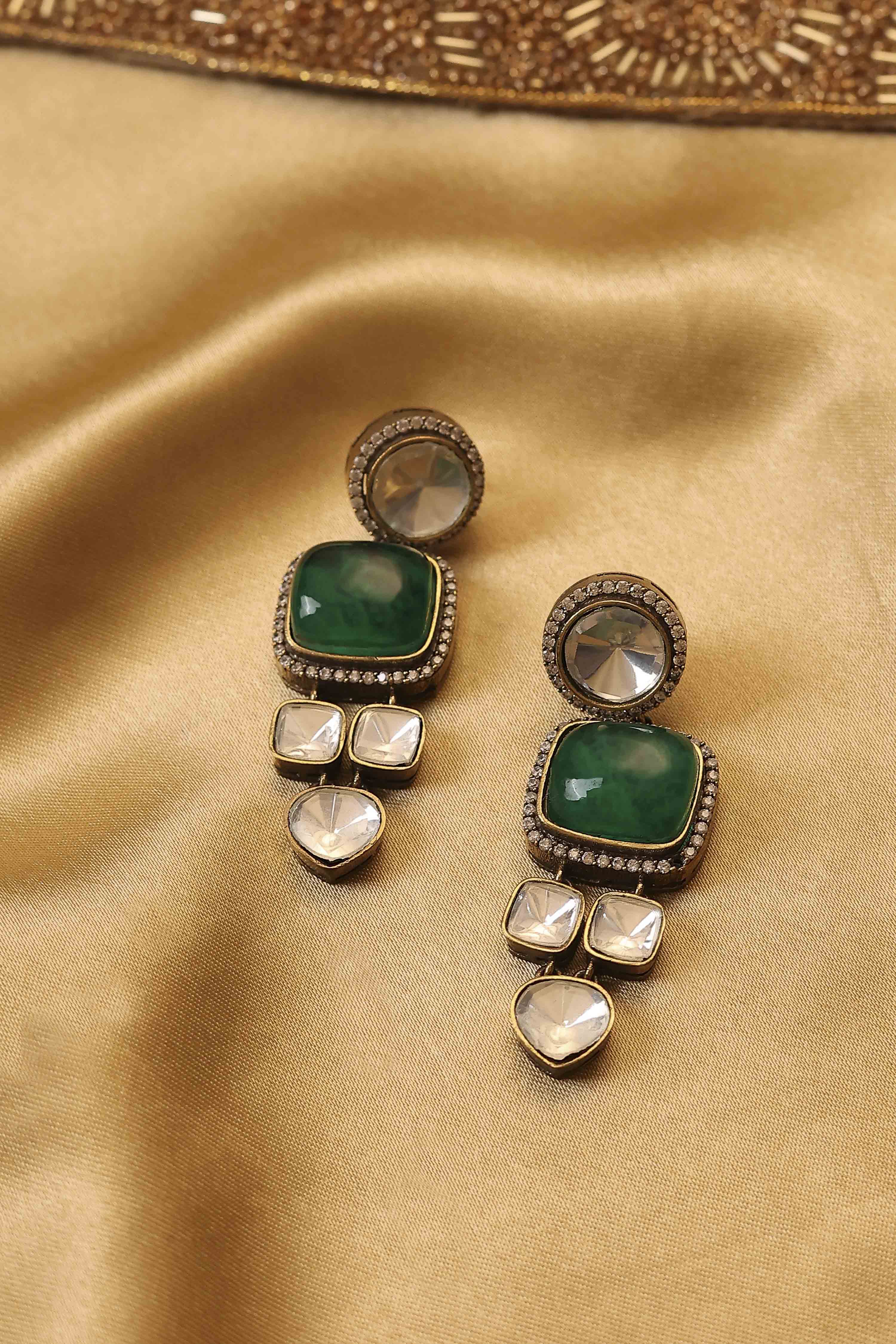 Green Brass Kundan Drop & Danglers image number 0