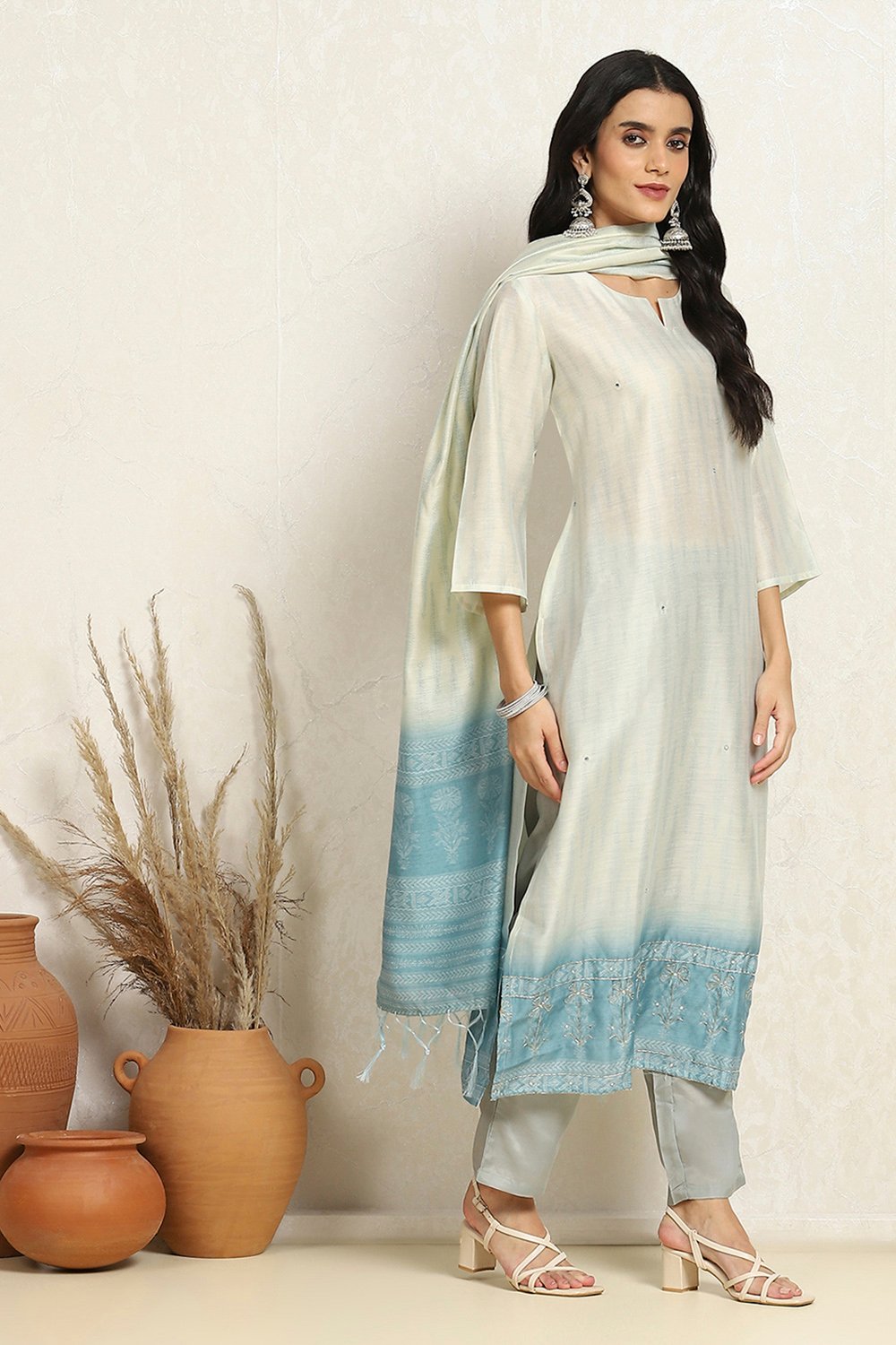 Orange Chanderi Woven Unstitched Suit Set image number 6