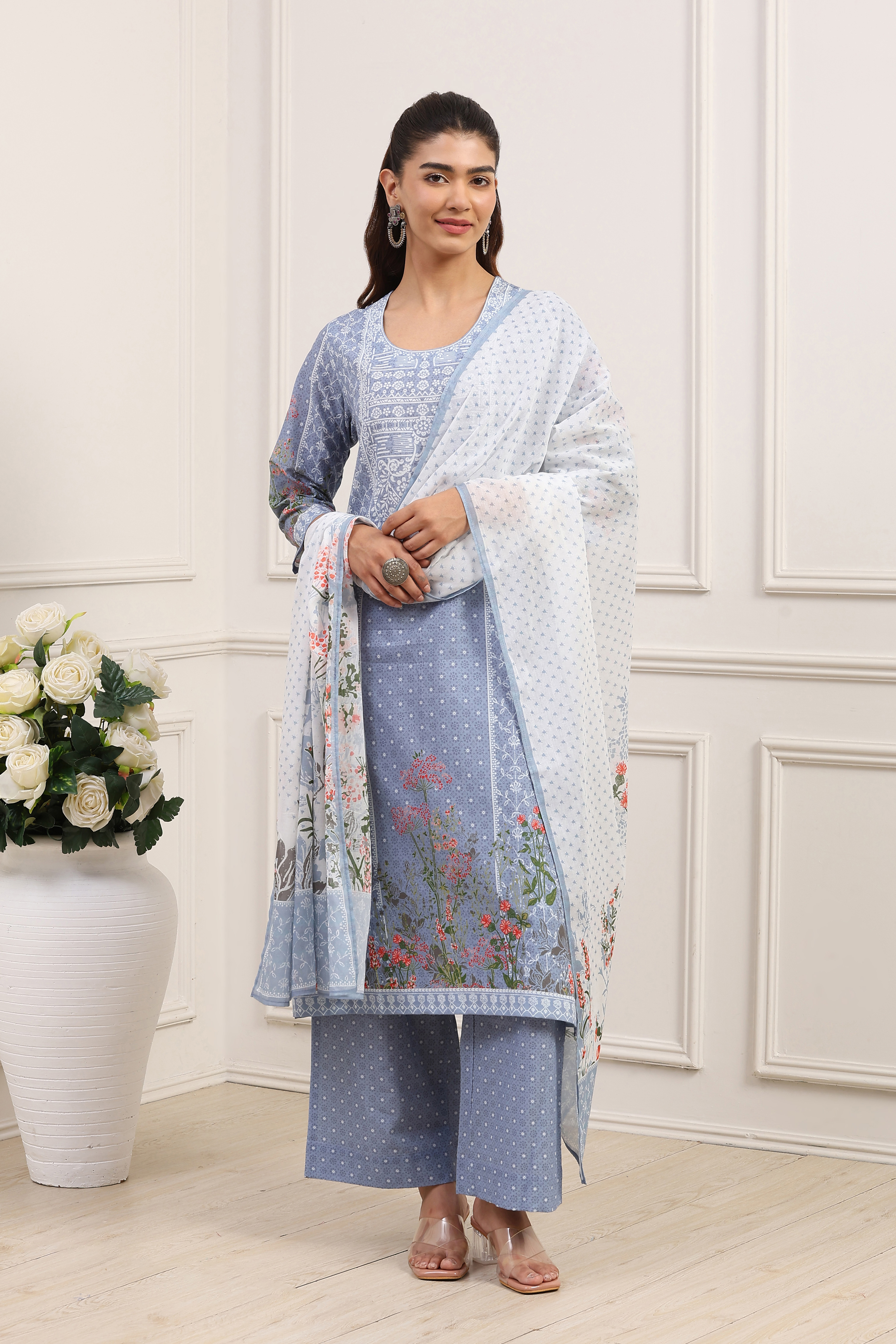 Powder Blue Cotton Straight Kurta Palazzo Suit Set image number 6