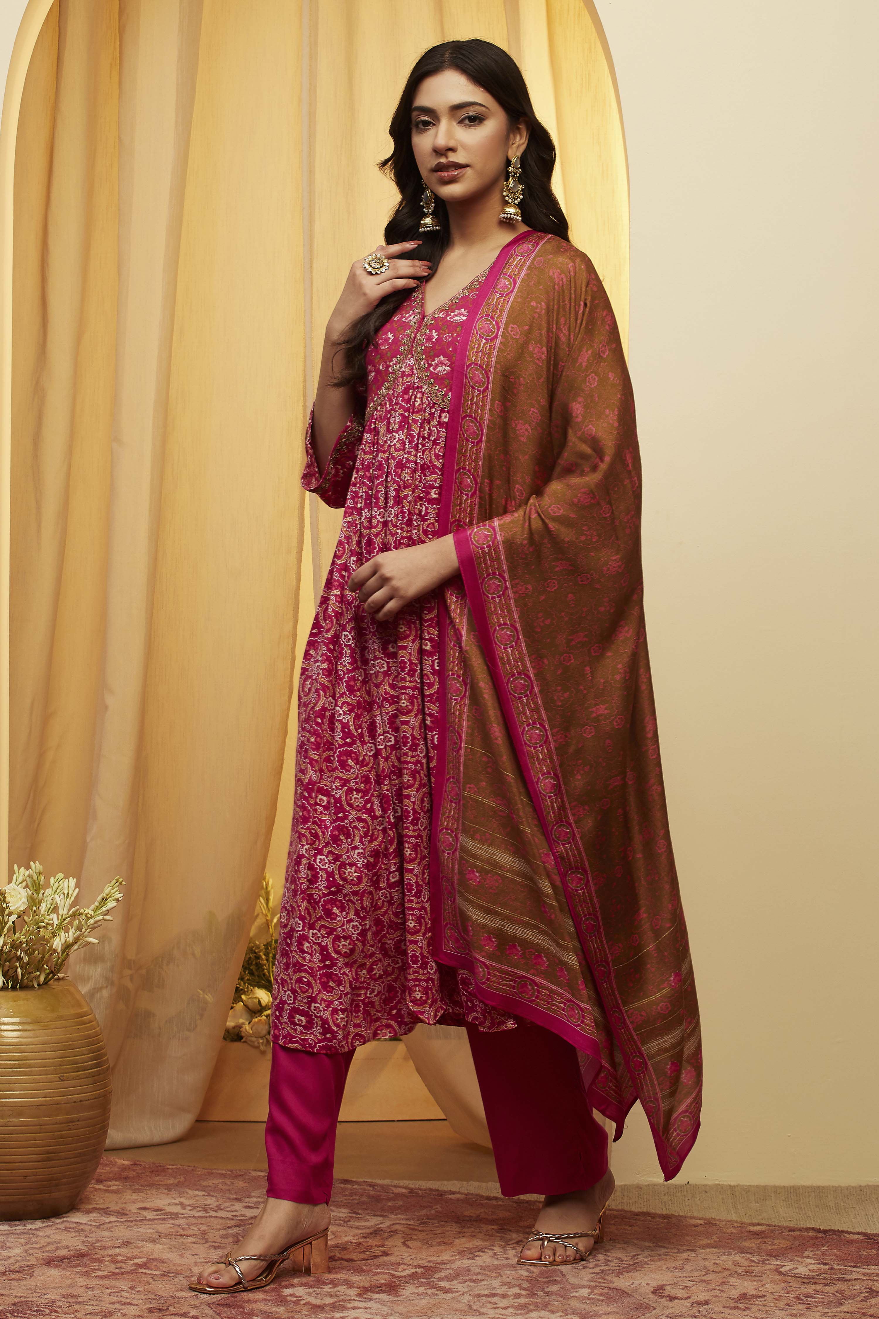 Blue Viscose Rayon Gathered Suit Set image number 3