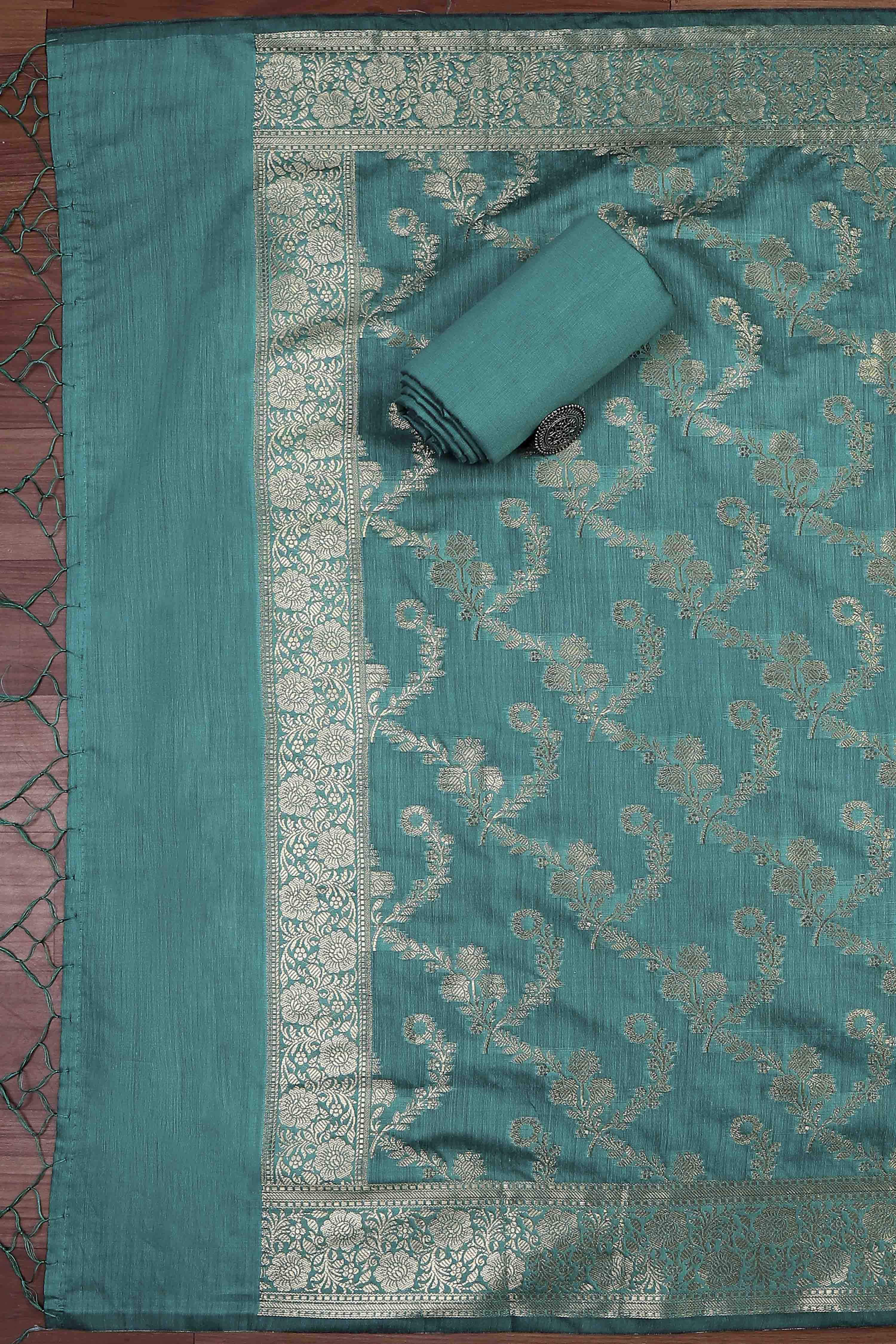 Teal Cotton Printed Embroidered Unstitched Suit Set image number 3