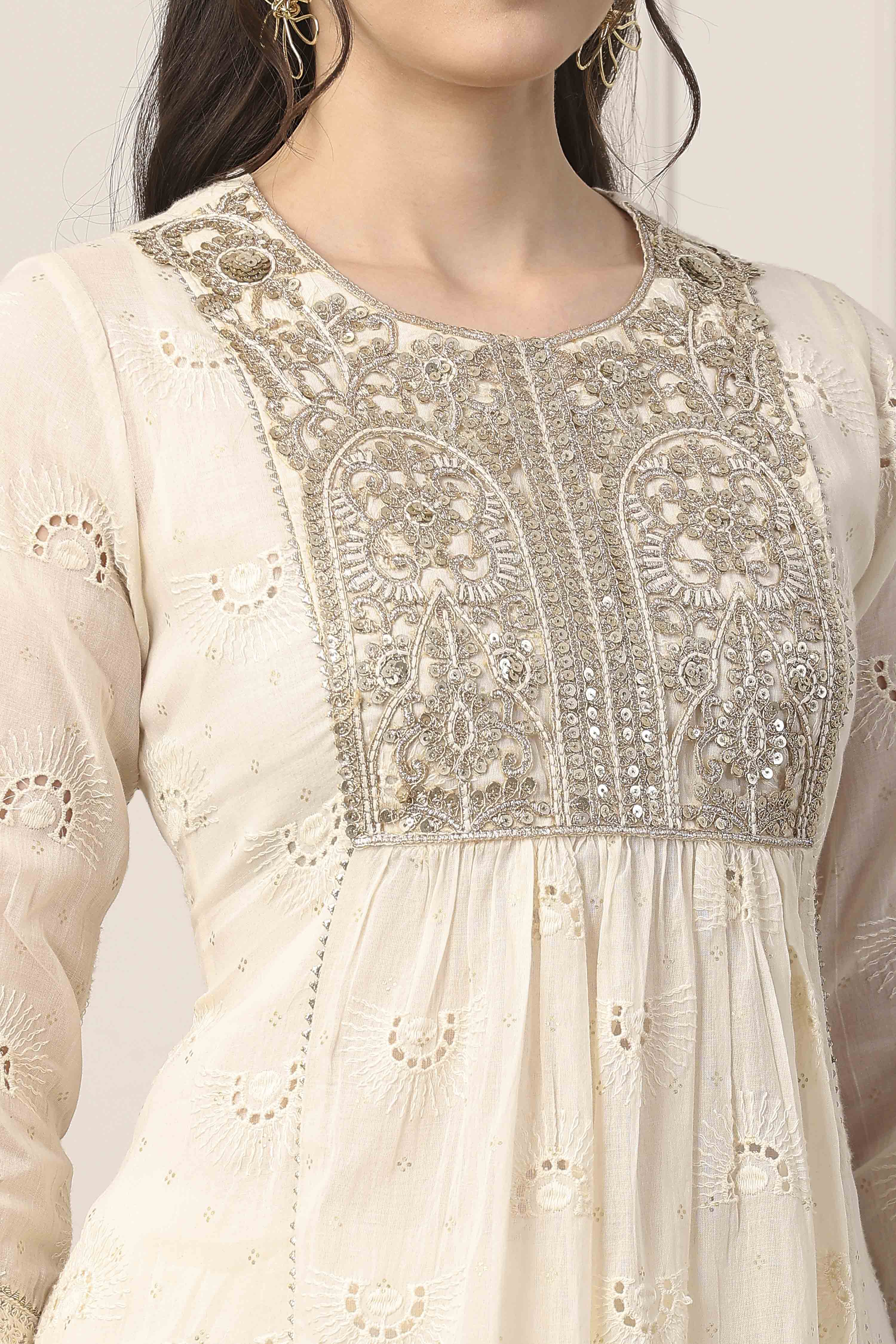 Ivory Cotton Yoke Embroidered A-Line Gathered Suit Set image number 1