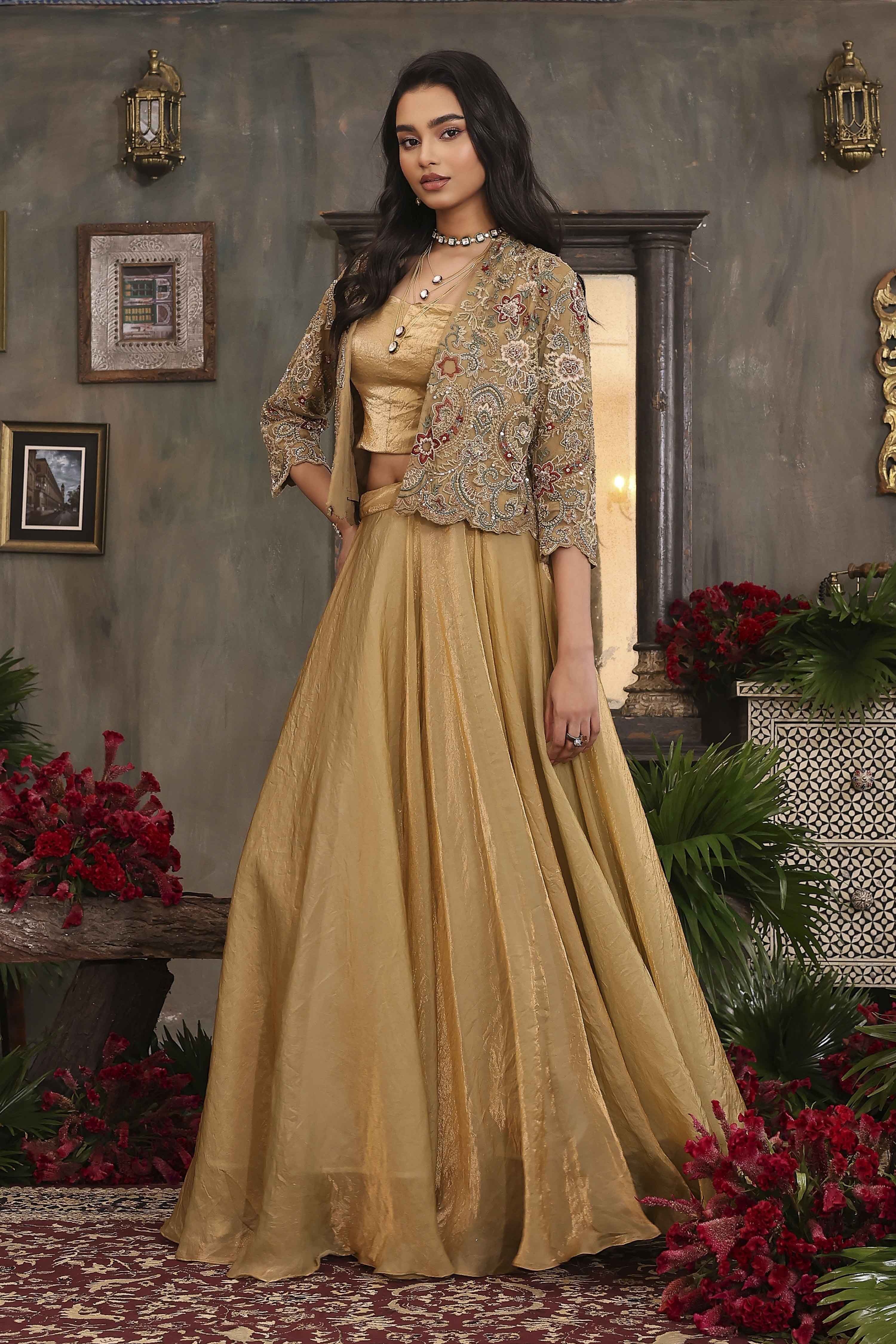 Gold Toned Art Silk Solid Lehenga Set With Jacket image number 3