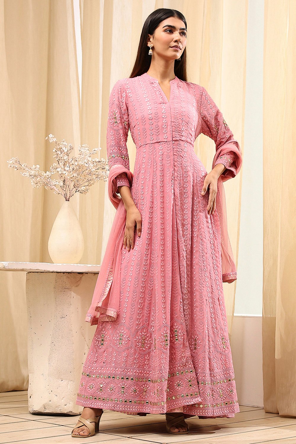 Powder Pink Viscose Front Open Suit Set image number 6