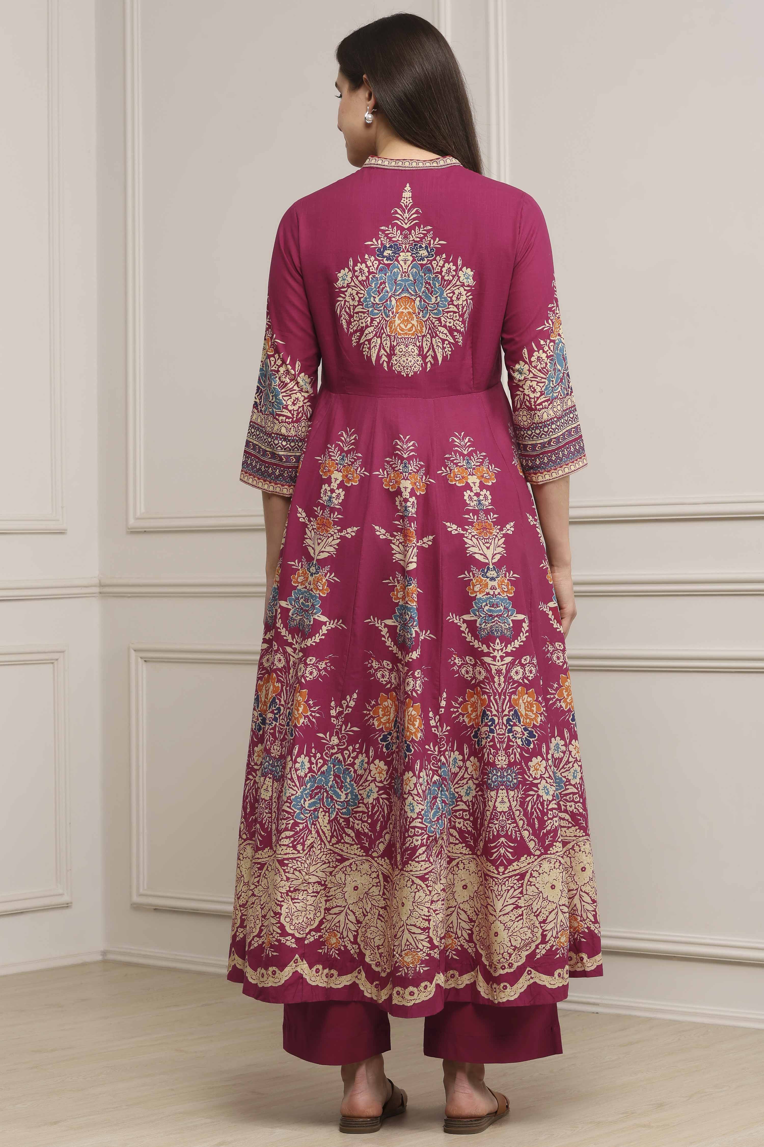 Charcoal Cotton Kalidar Printed Kurta Pants Set image number 4