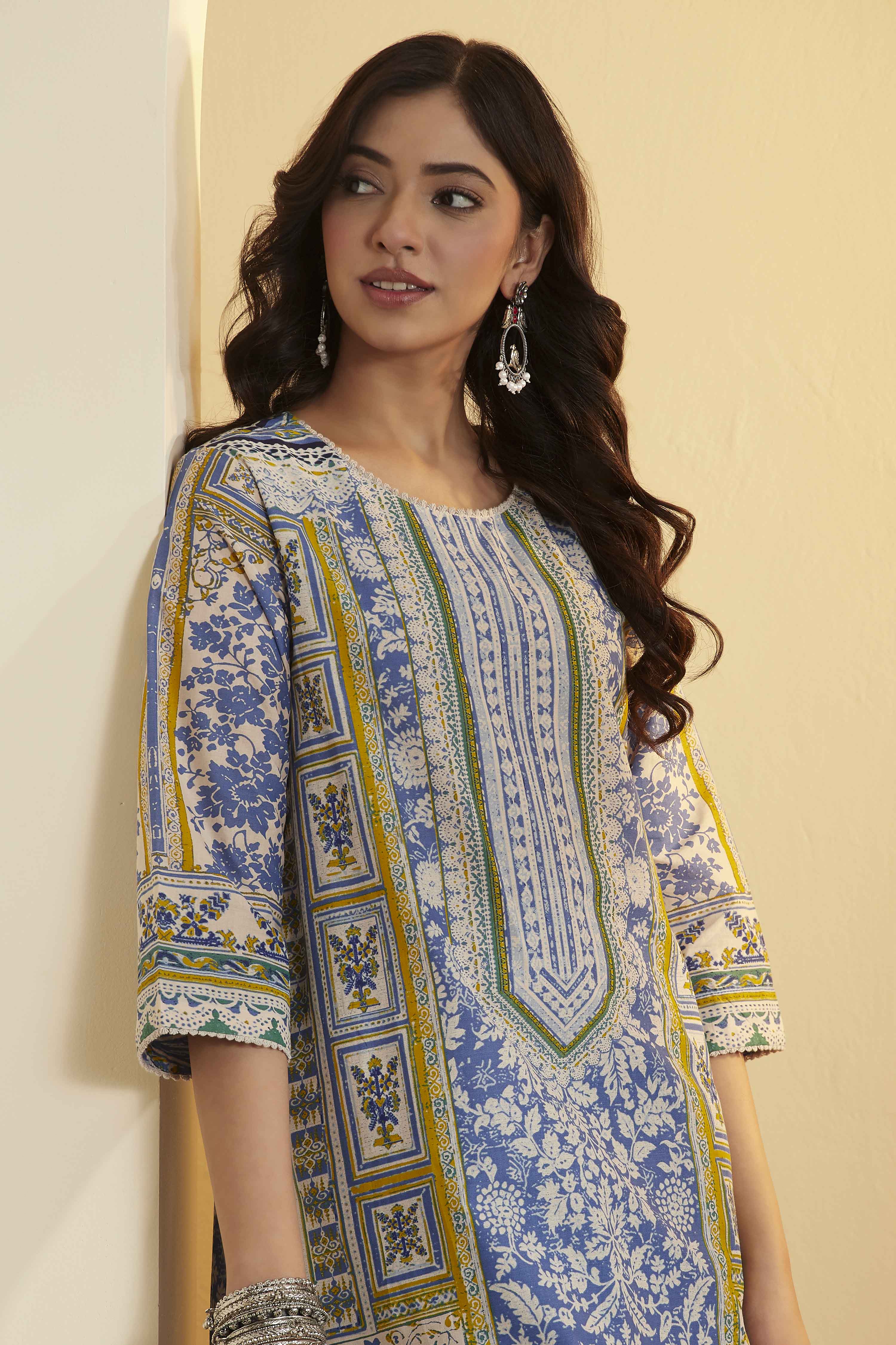 Blue Cotton Straight Kurta image number 1