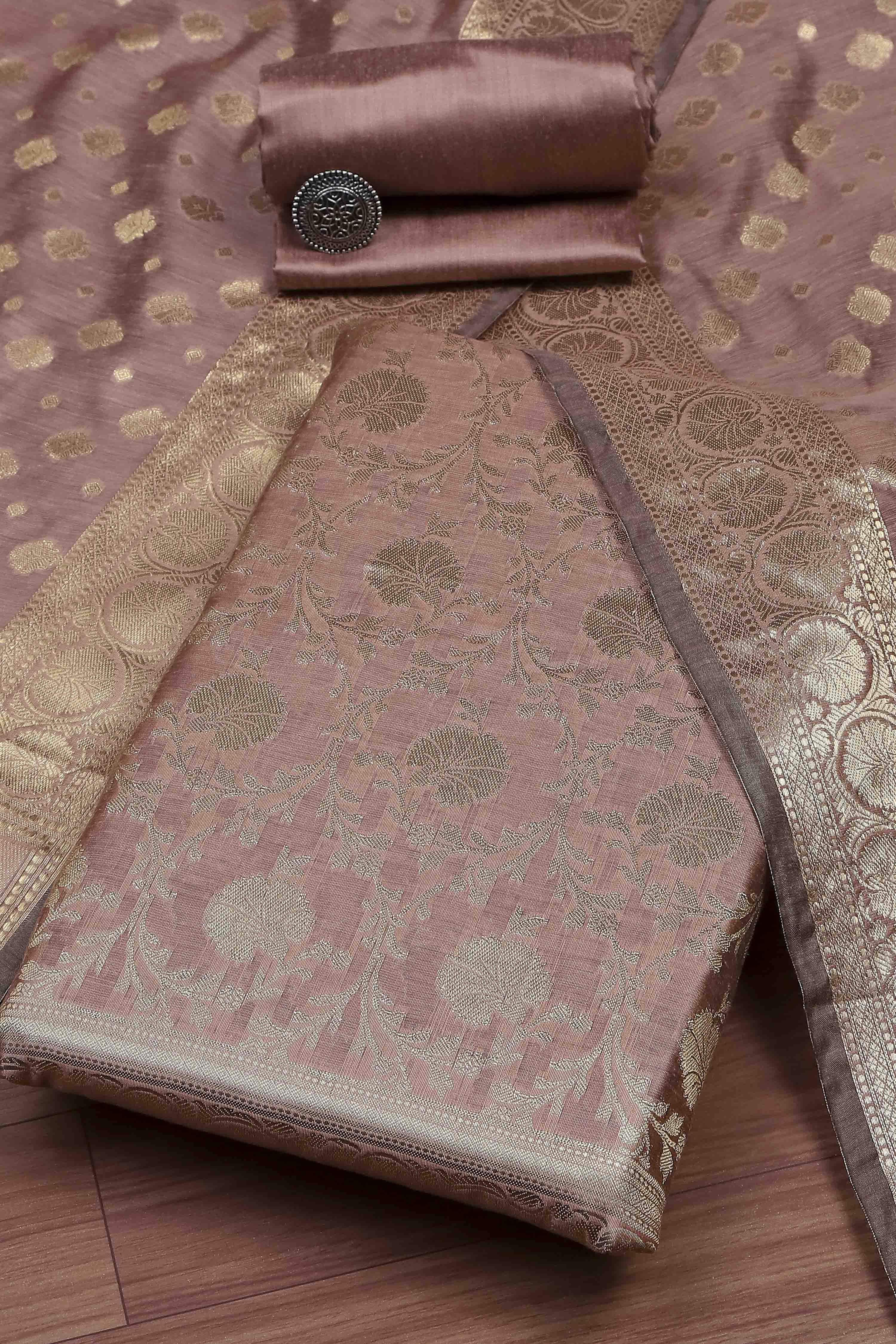 Dusty Mauve Banarasi Chanderi Banarasi Print Unstitched Suit Set image number 0