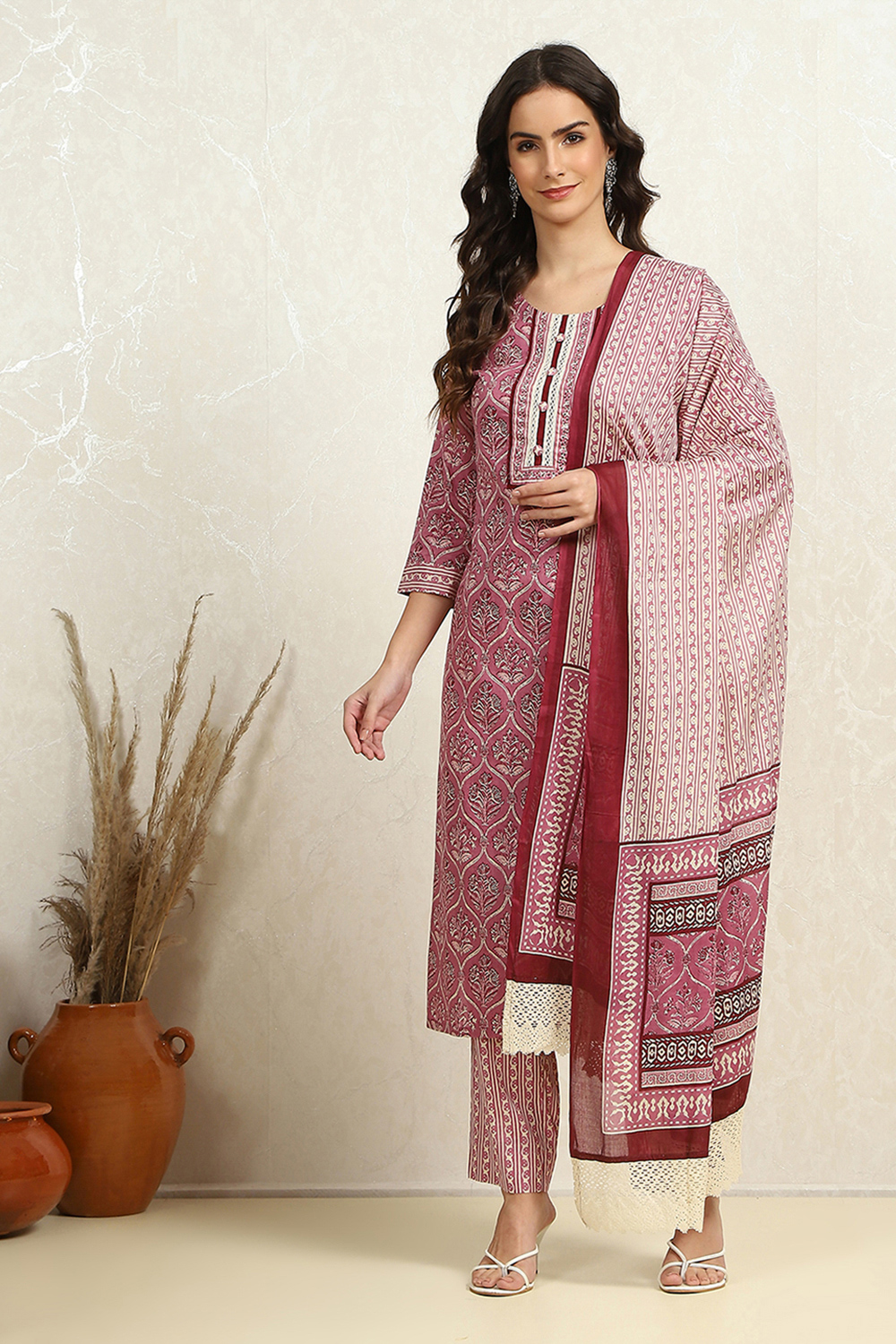 Blue Cotton Hand Block Print Unstitched Suit Set image number 1
