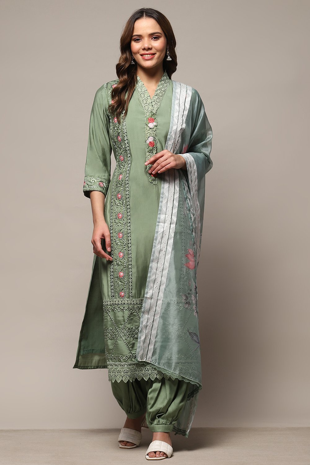 Green Silk Blend Unstitched Suit Set image number 8